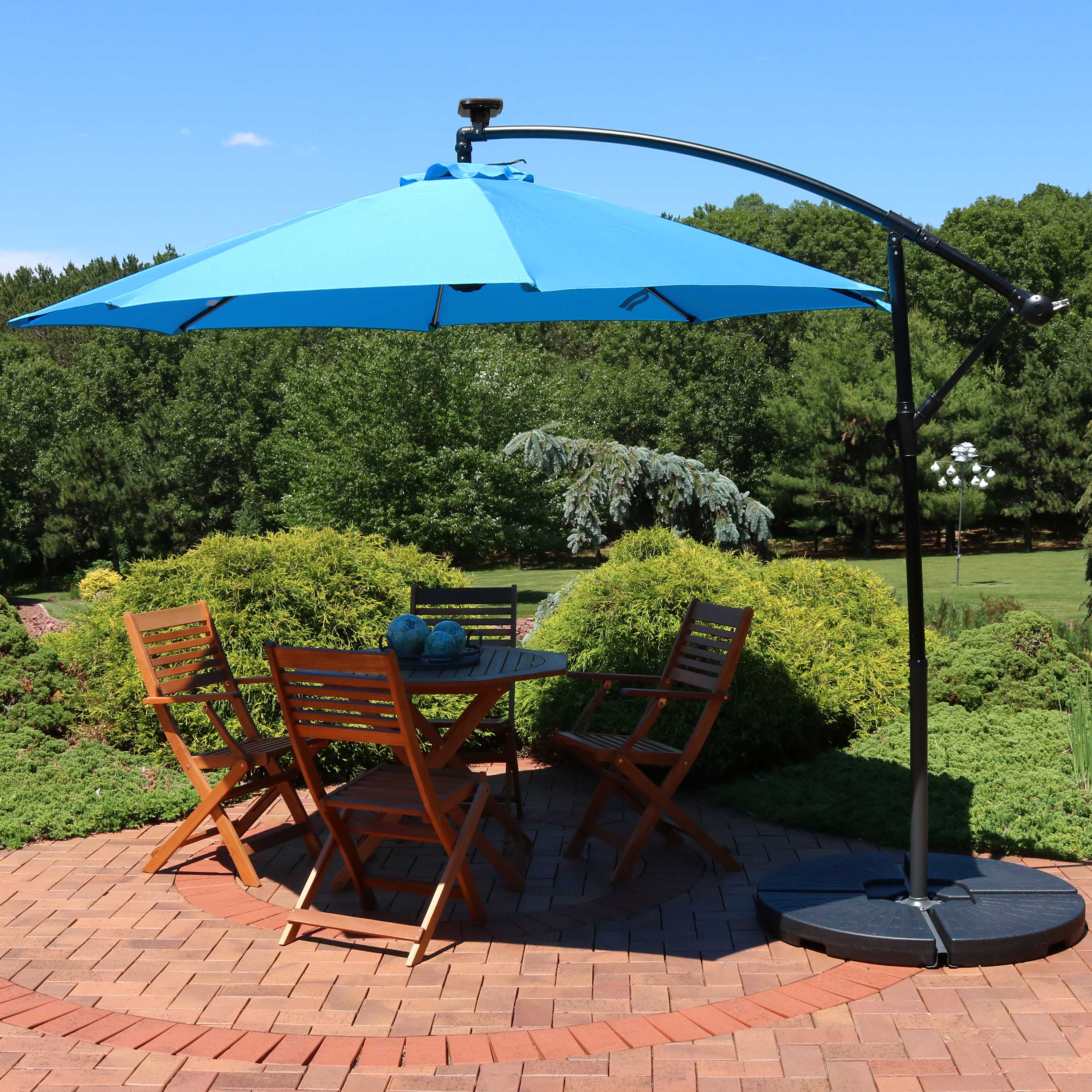  Sunnydaze Decor Steel Cantilever Offset Patio Umbrella with Solar LED Lights, Air Vent, Crank, and Base - 9' - Azure - Bonton