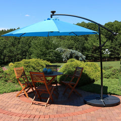 Steel Cantilever Offset Patio Umbrella with Solar LED Lights, Air Vent, Crank, and Base - 9'