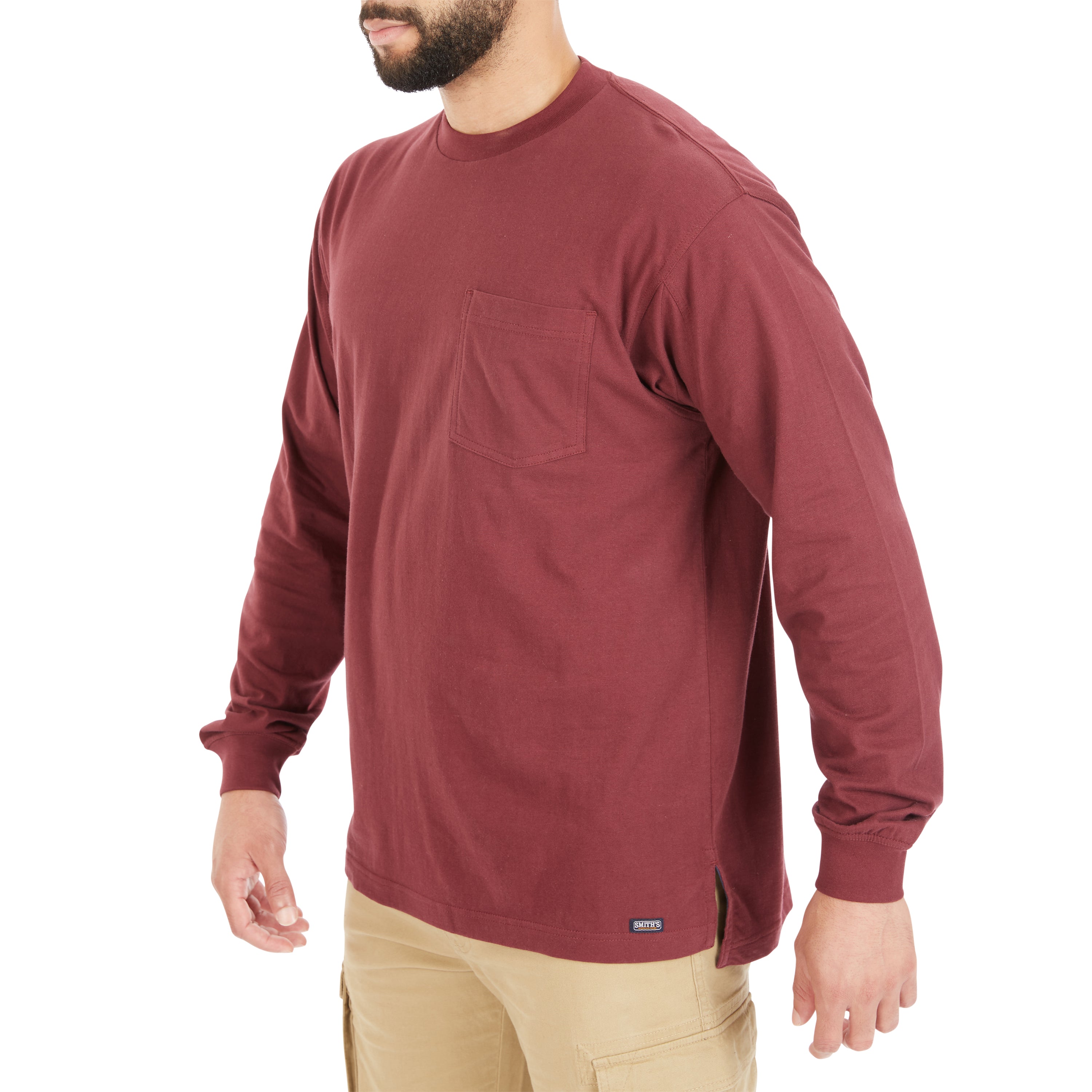  Smith's Workwear Extended-Tail Long Sleeve Pocket Shirt - Dark Red - Bonton