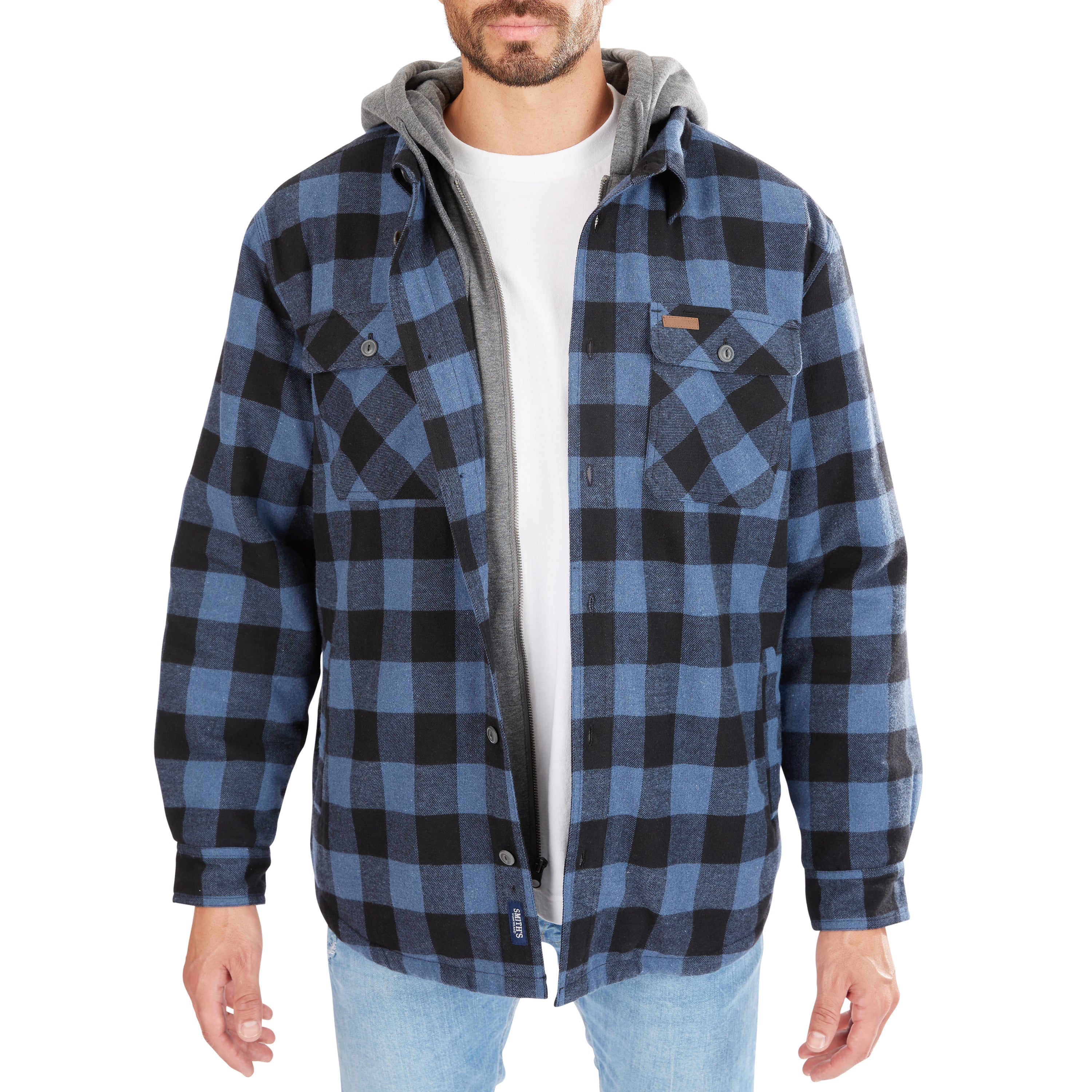  Smith's Workwear Sherpa-Lined Hooded Flannel Shirt Jacket - Steel Blue-401 - Bonton