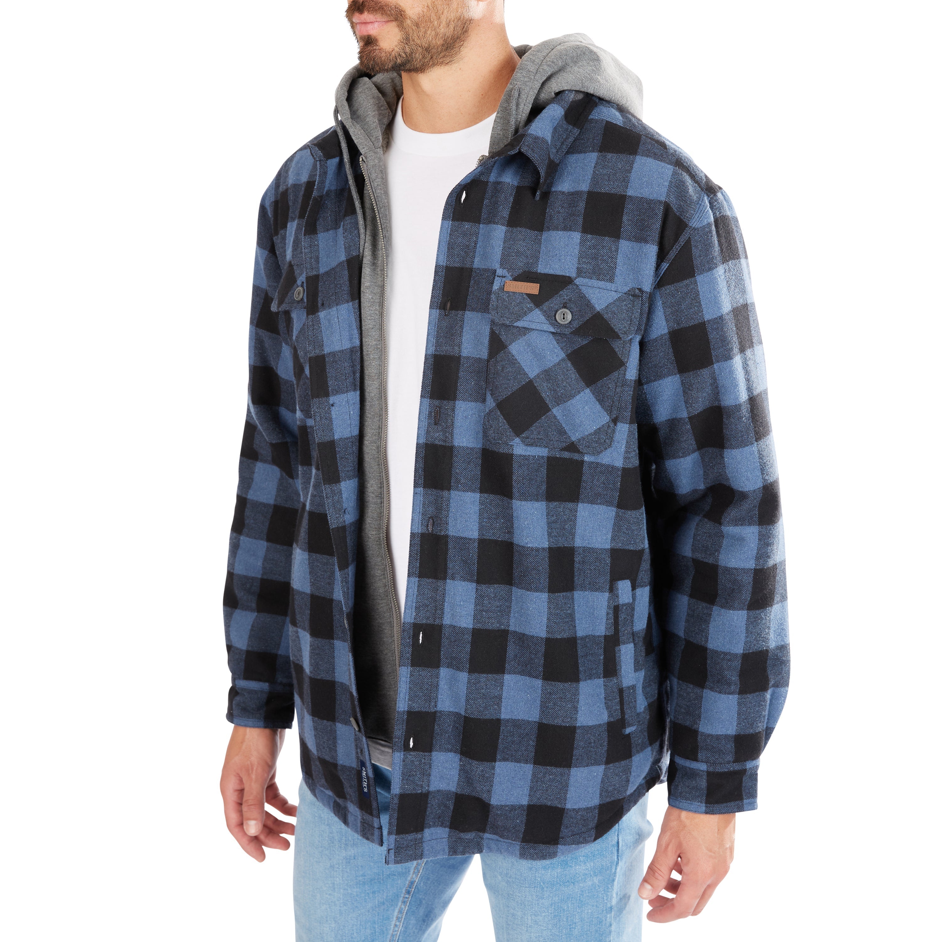  Smith's Workwear Sherpa-Lined Hooded Flannel Shirt Jacket - Steel Blue-401 - Bonton