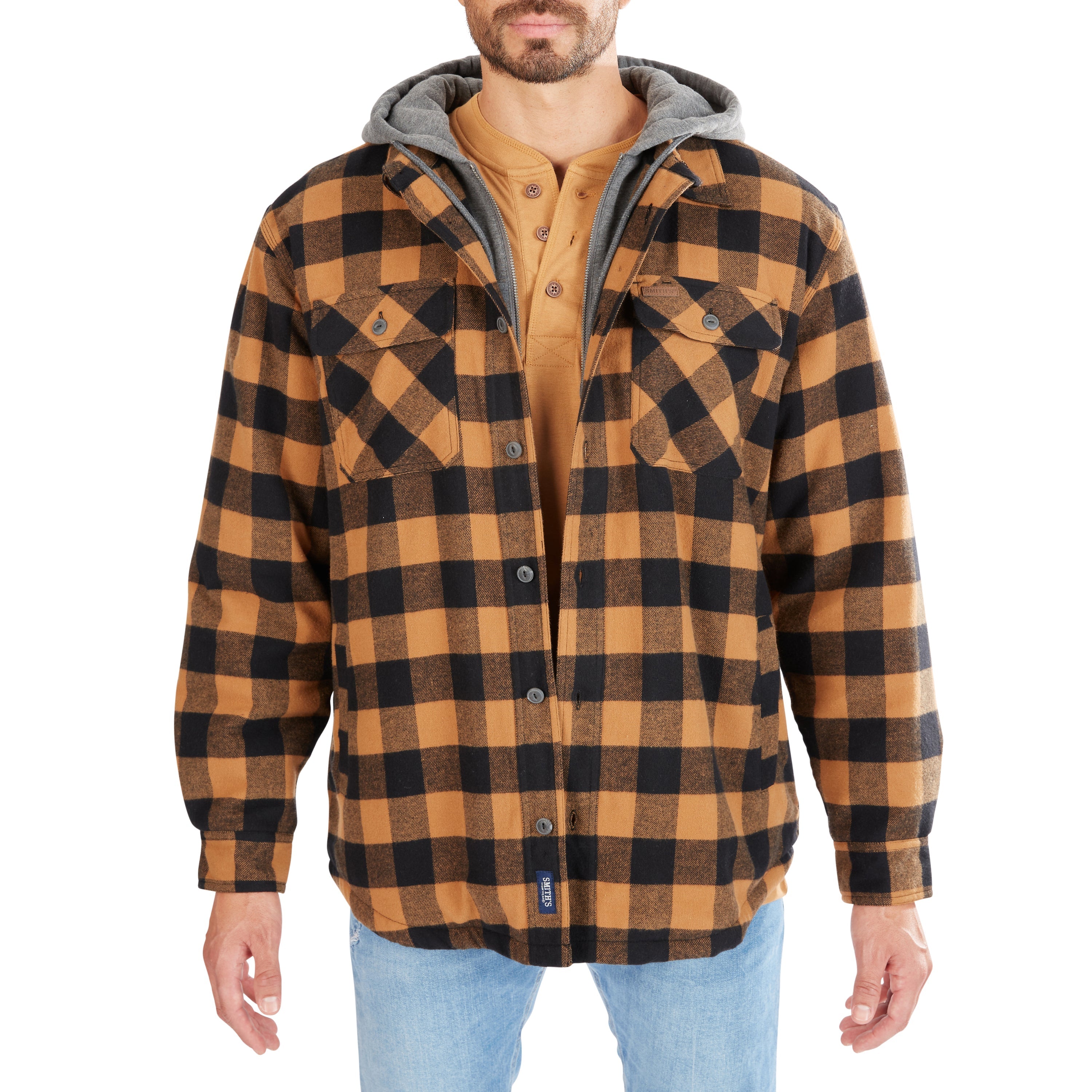  Smith's Workwear Sherpa-Lined Hooded Flannel Shirt Jacket - Steel Blue-401 - Bonton