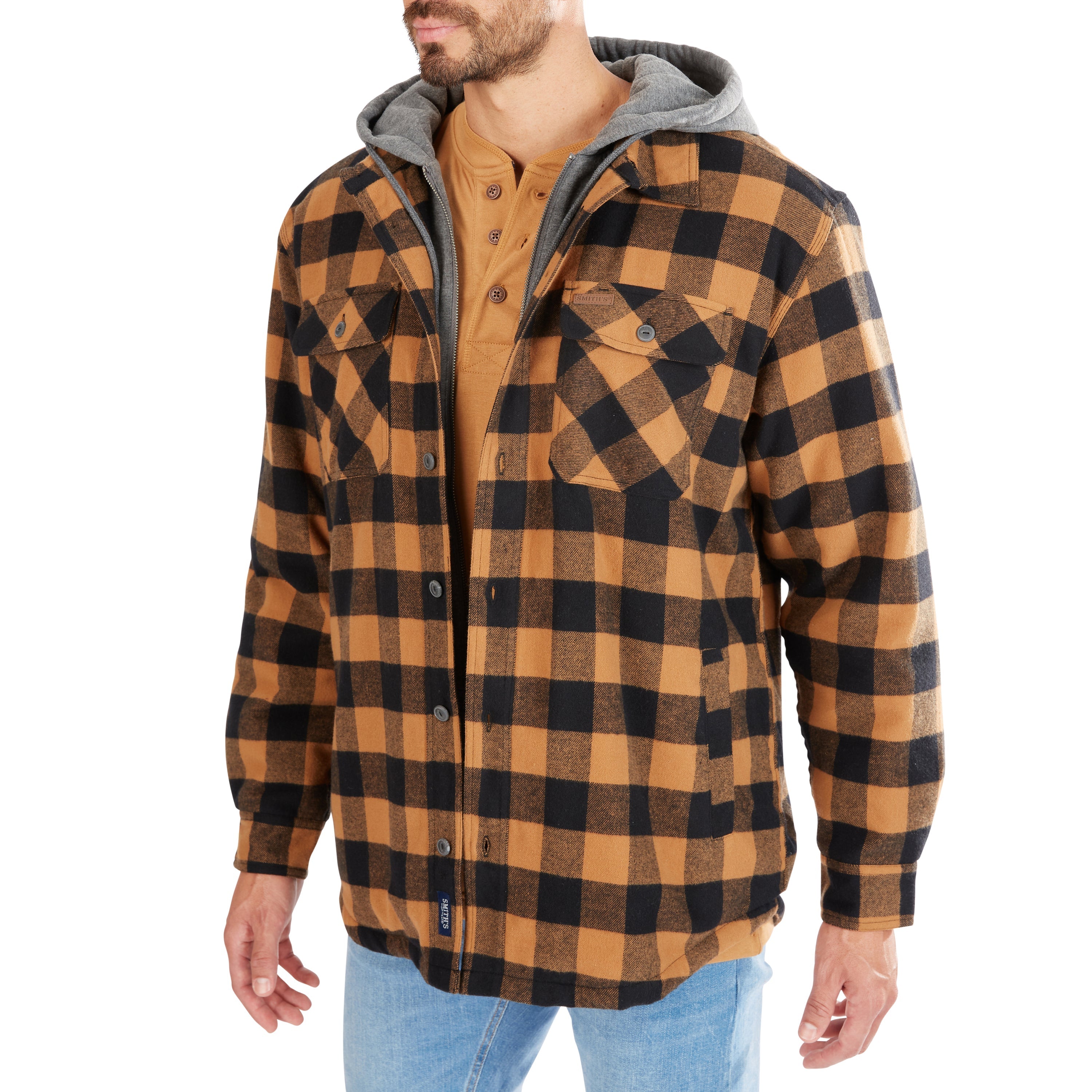  Smith's Workwear Sherpa-Lined Hooded Flannel Shirt Jacket - Steel Blue-401 - Bonton