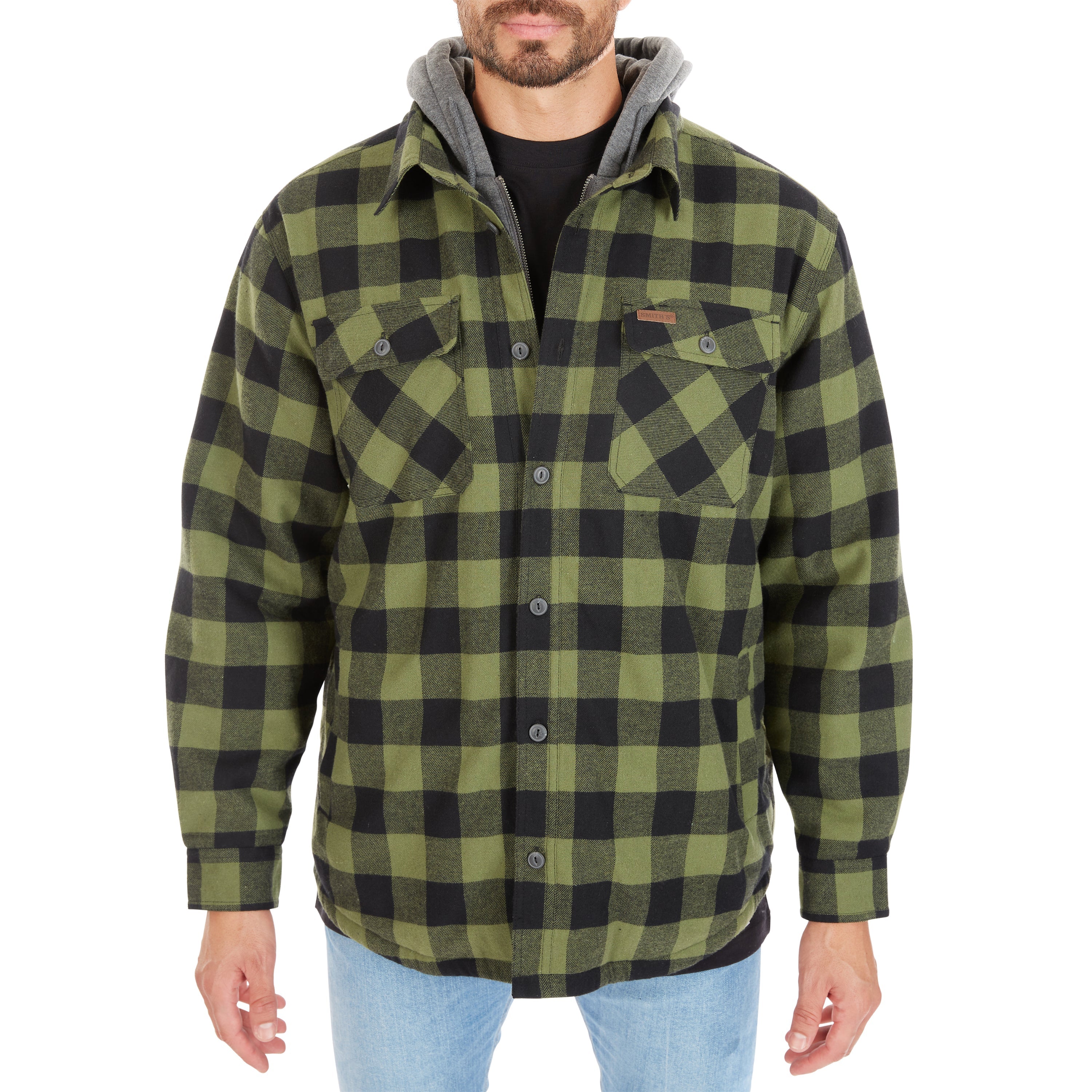  Smith's Workwear Sherpa-Lined Hooded Flannel Shirt Jacket - Steel Blue-401 - Bonton