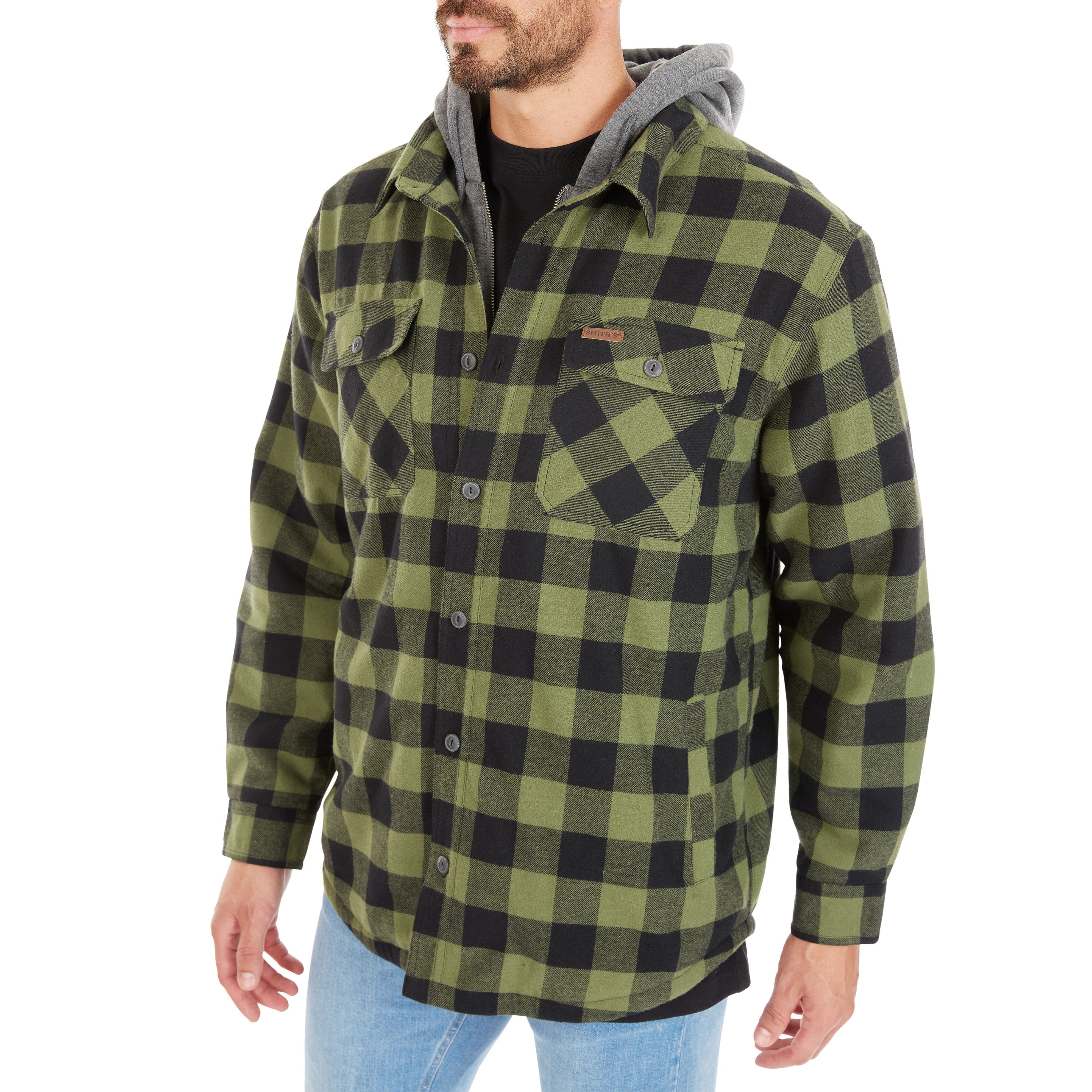  Smith's Workwear Sherpa-Lined Hooded Flannel Shirt Jacket - Steel Blue-401 - Bonton