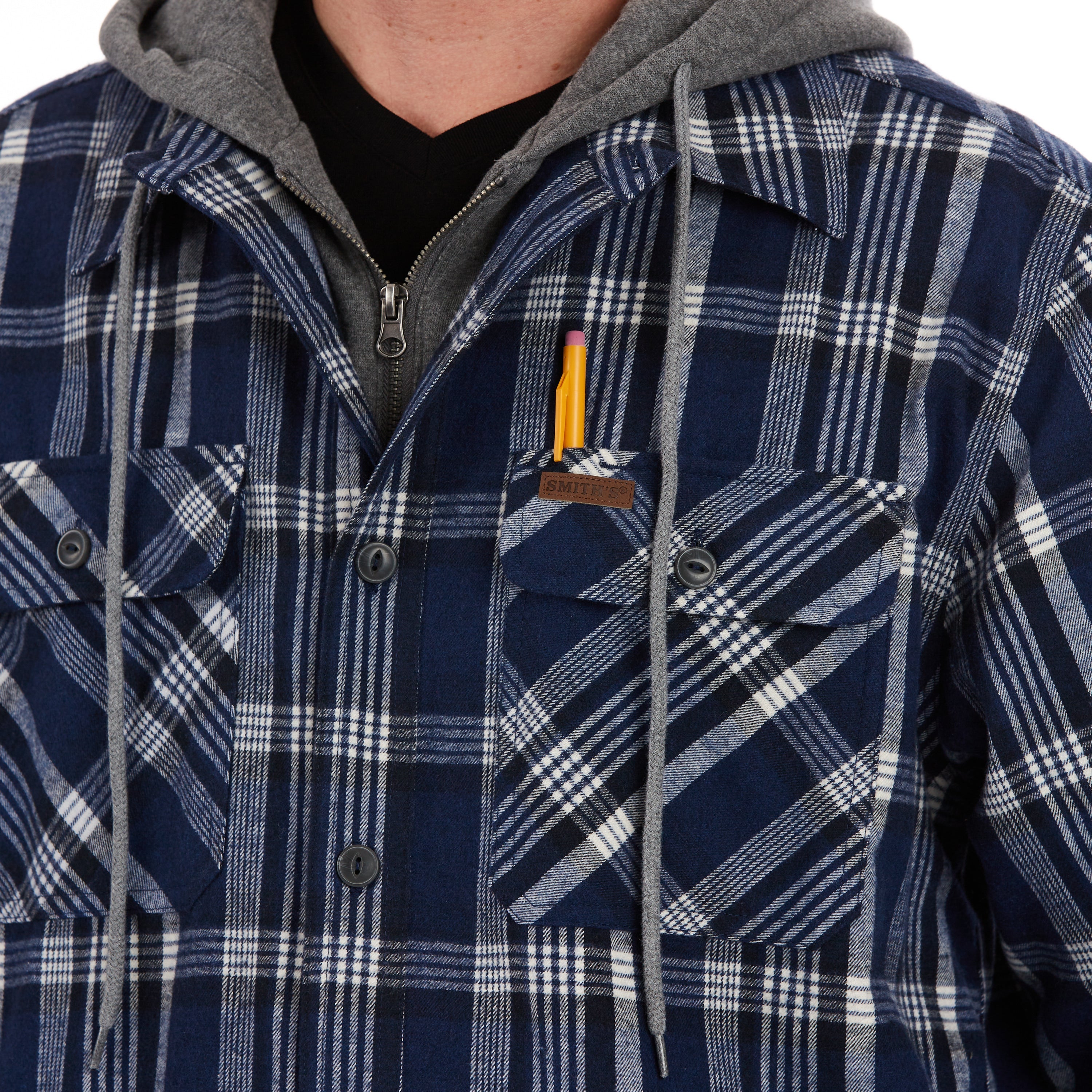  Smith's Workwear Sherpa-Lined Hooded Flannel Shirt Jacket - Steel Blue-401 - Bonton