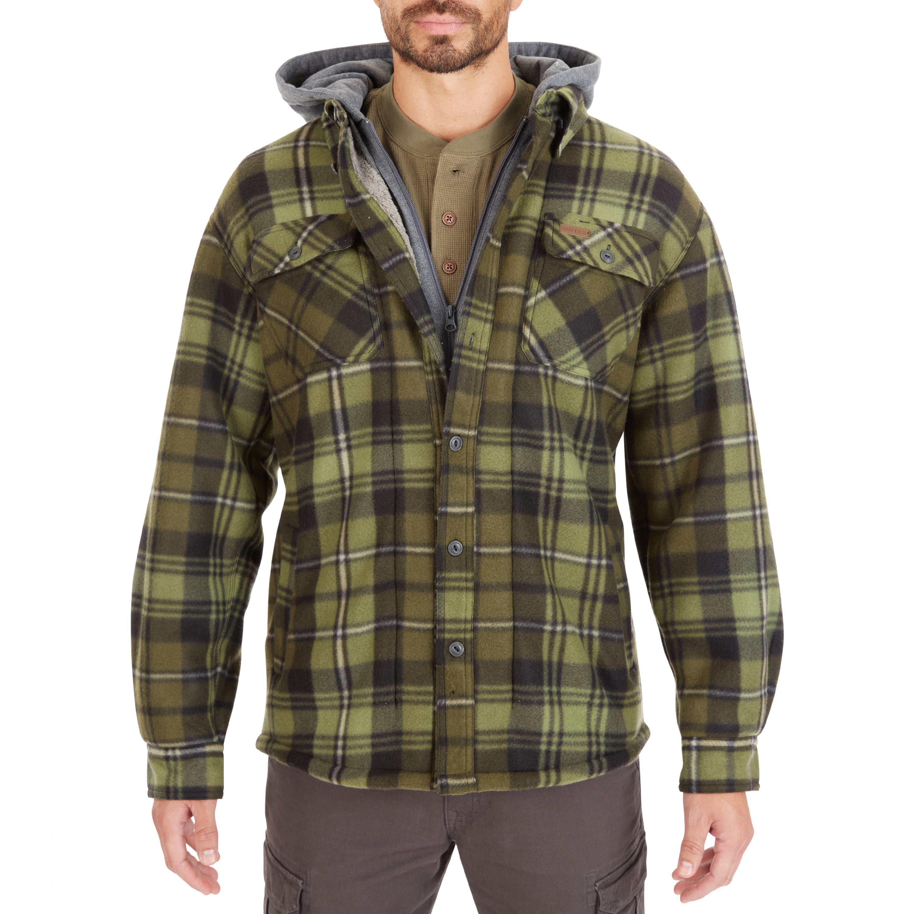  Smith's Workwear Sherpa-Lined Microfleece Shirt Jacket - Olive/Black-503 - Bonton