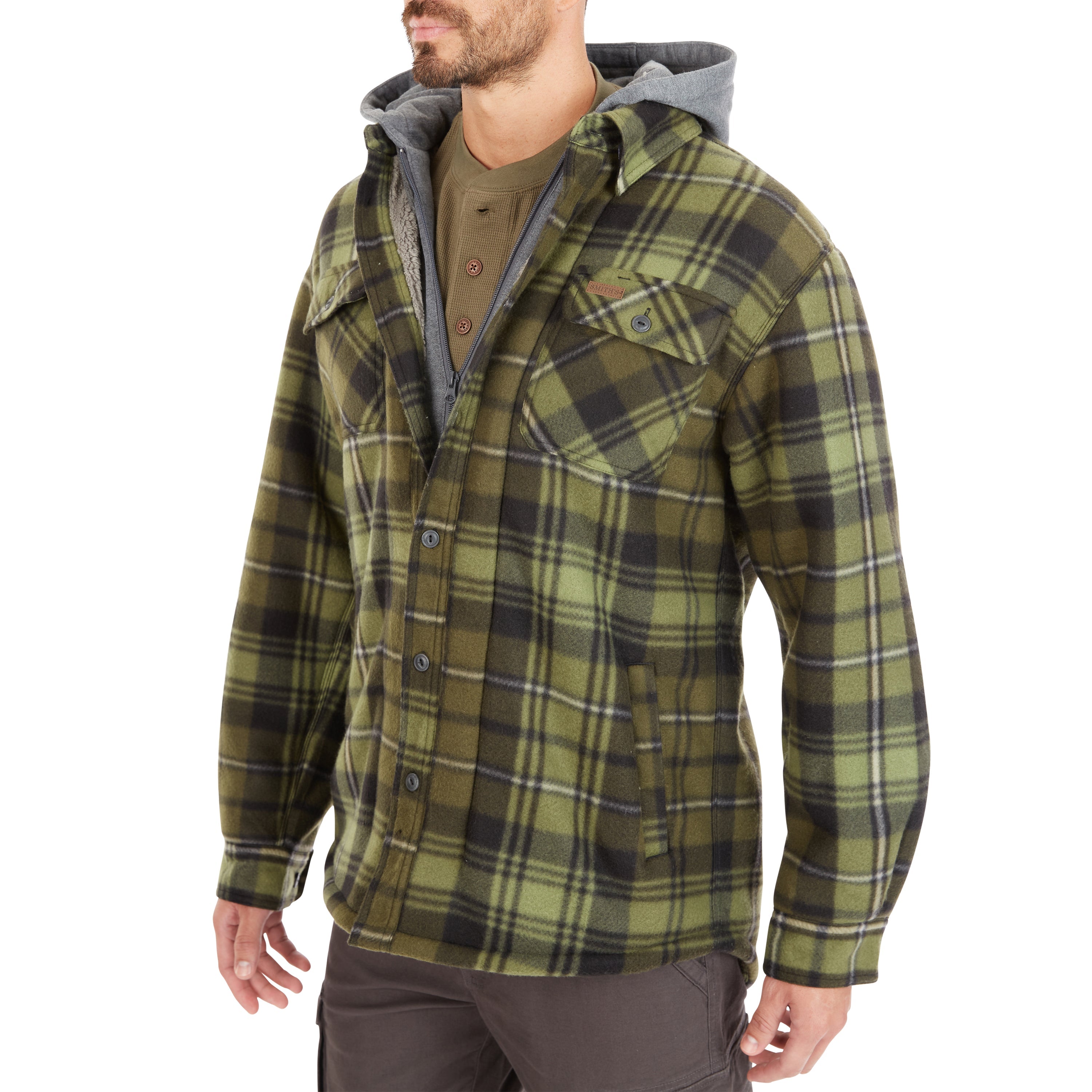  Smith's Workwear Sherpa-Lined Microfleece Shirt Jacket - Olive/Black-368 - Bonton