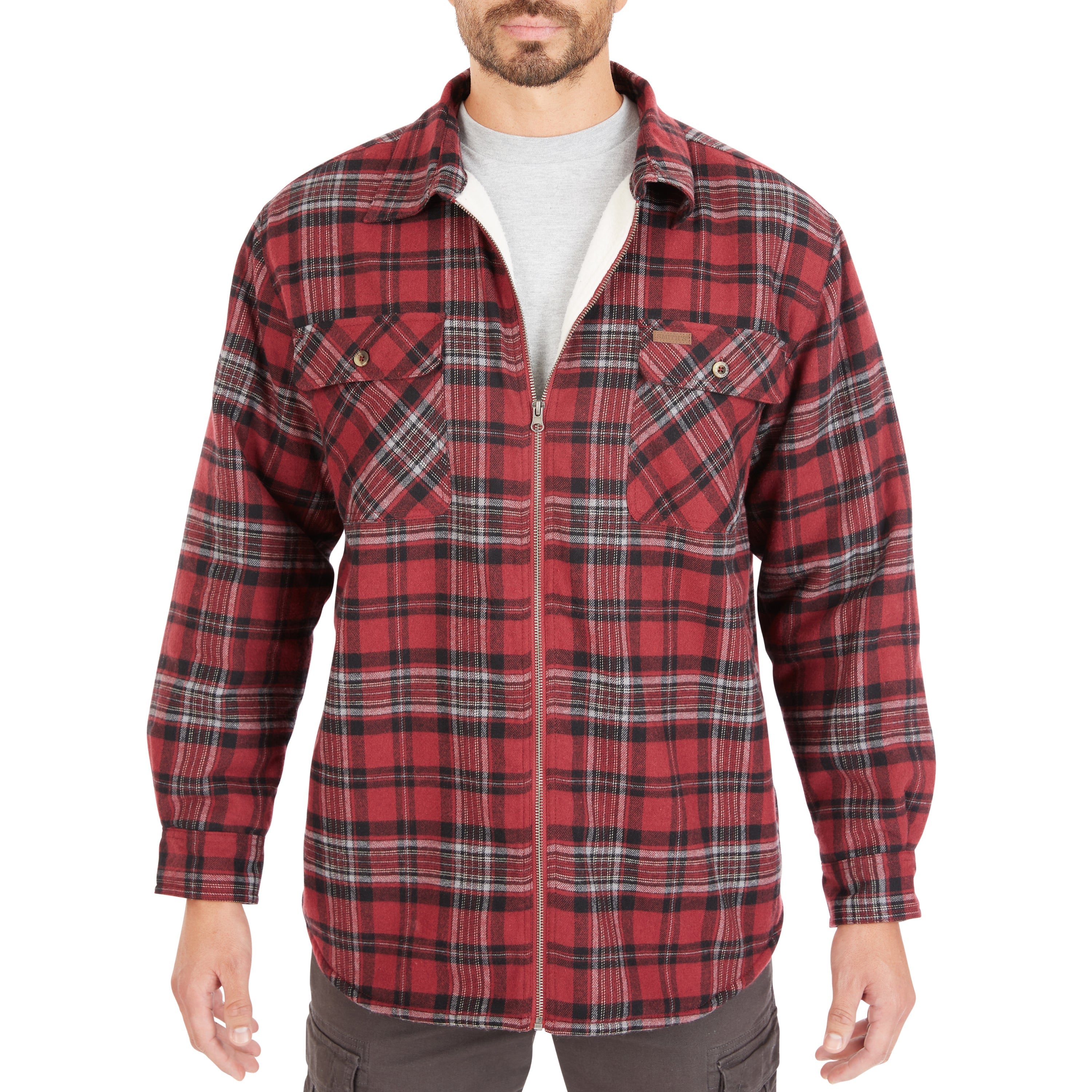  Smith's Workwear Zip-Front Sherpa-Lined Flannel Shirt Jacket - Burgundy - Bonton