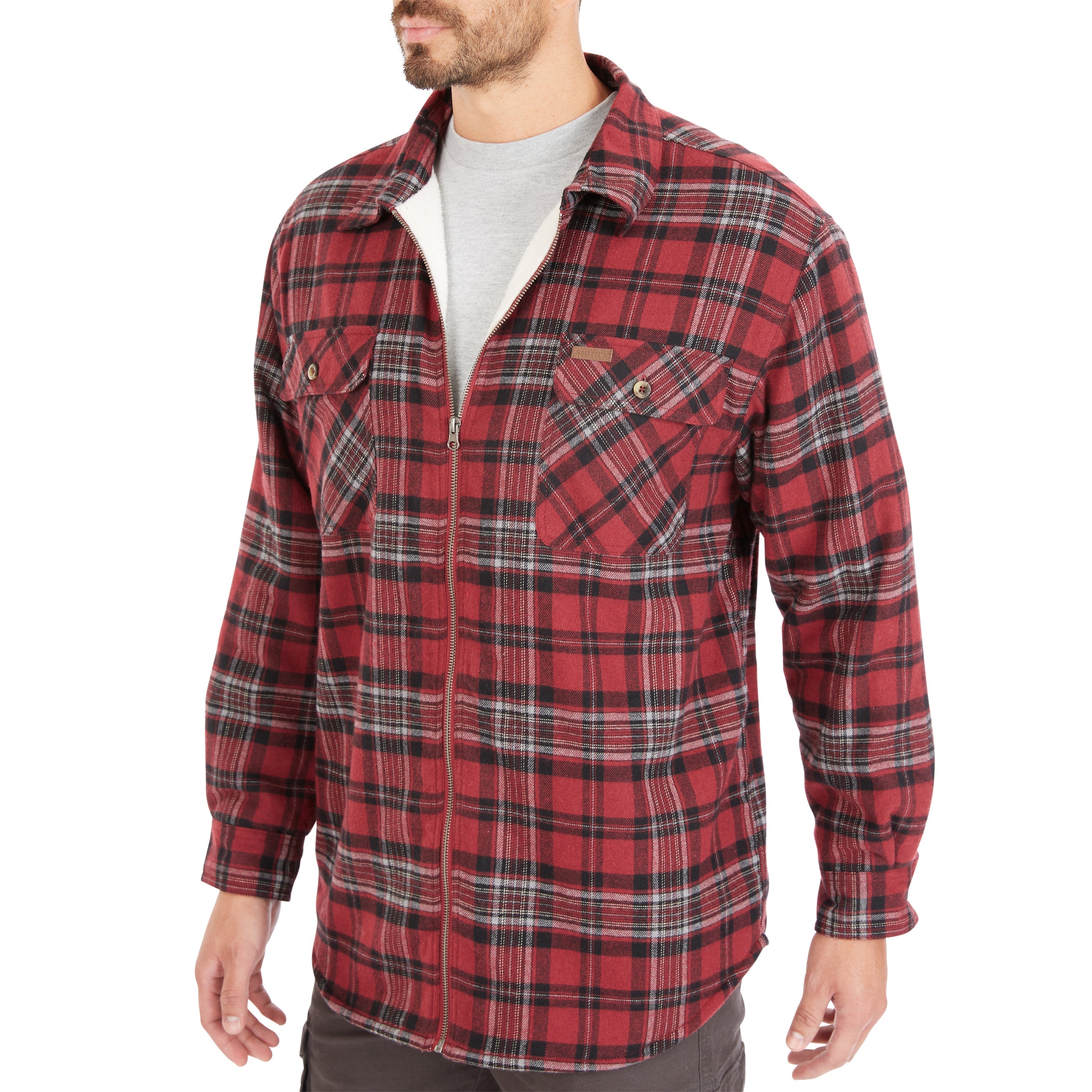  Smith's Workwear Zip-Front Sherpa-Lined Flannel Shirt Jacket - Burgundy - Bonton