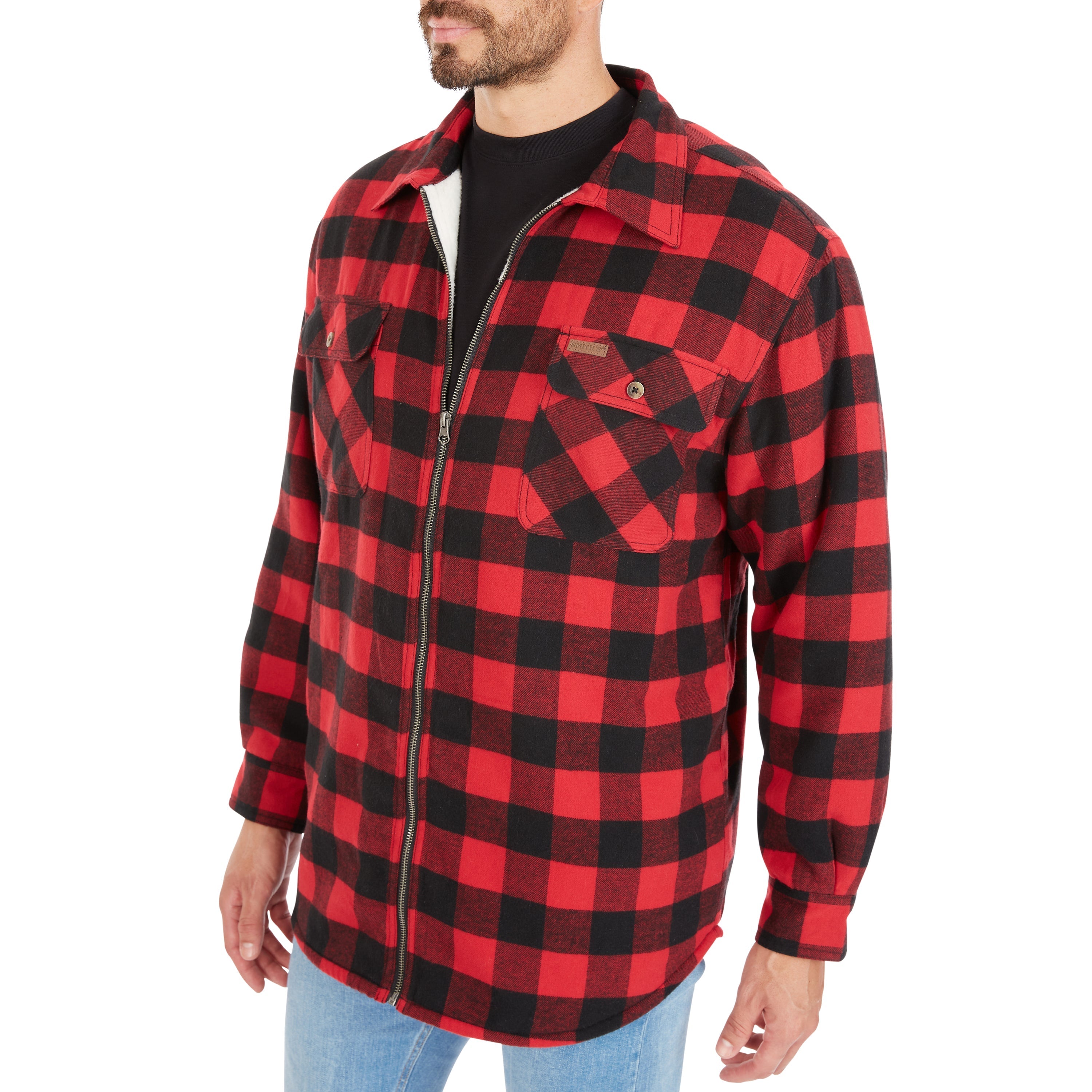  Smith's Workwear Zip-Front Sherpa-Lined Flannel Shirt Jacket - Red/Black - Bonton