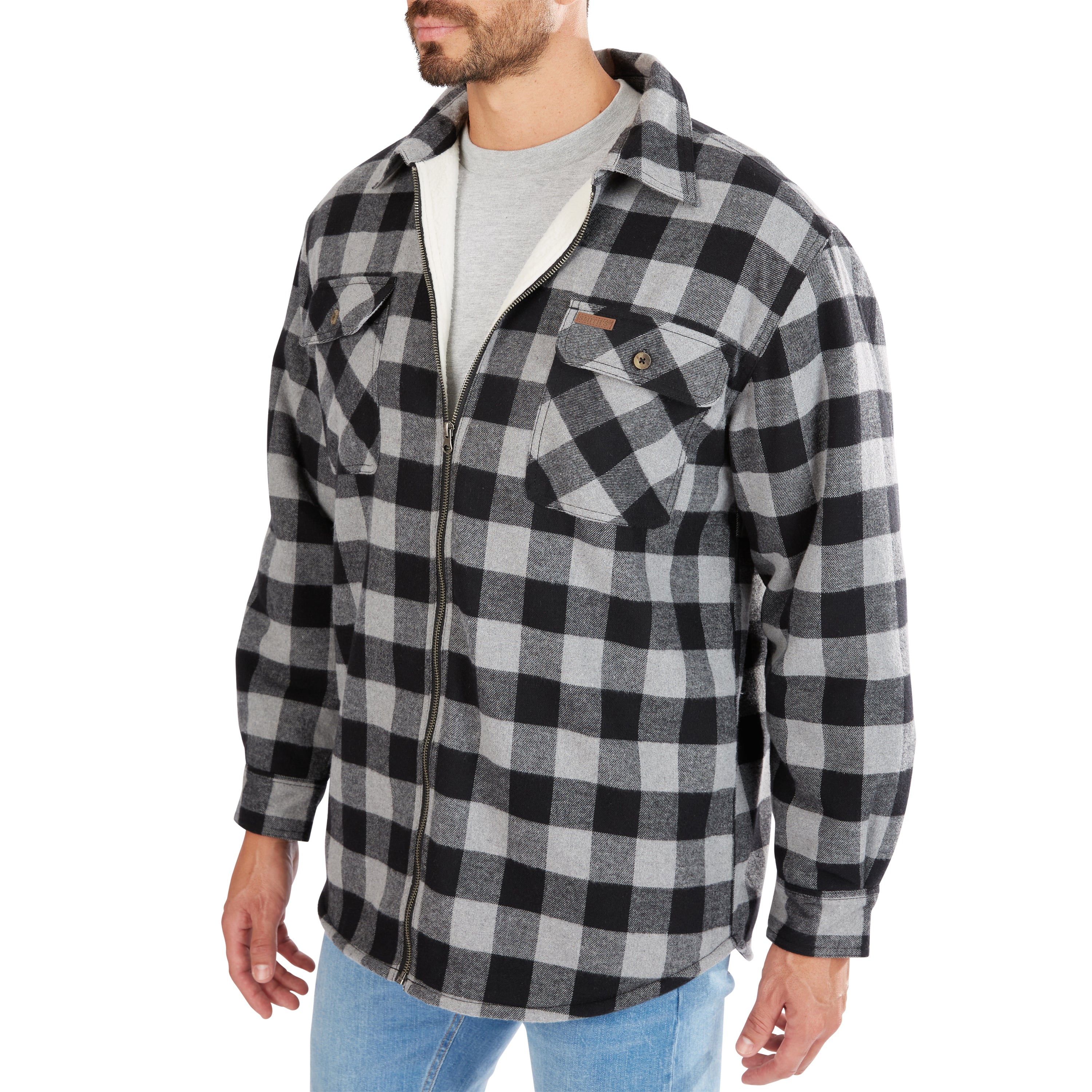  Smith's Workwear Zip-Front Sherpa-Lined Flannel Shirt Jacket - Stone/Black - Bonton