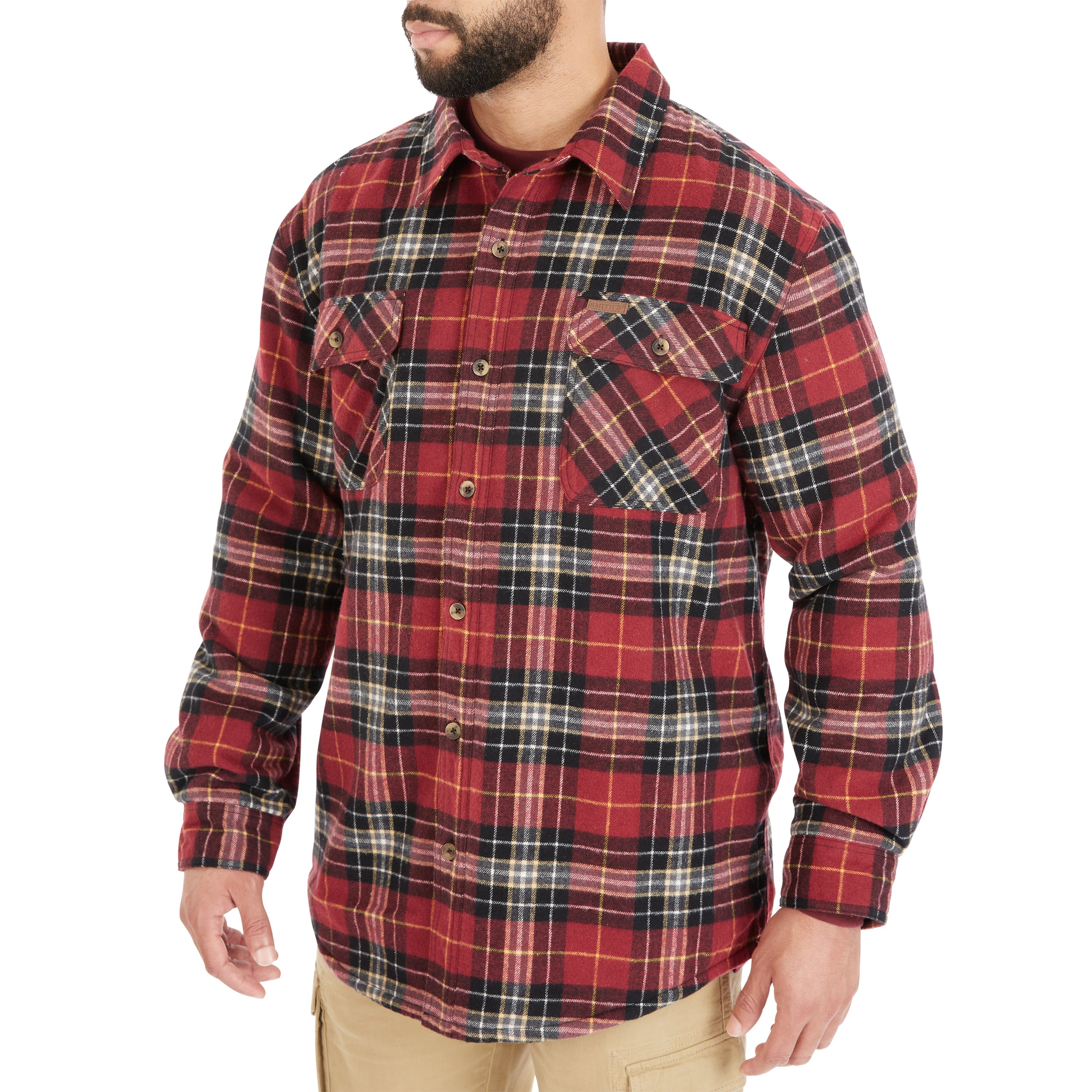  Smith's Workwear Sherpa-Lined Cotton Flannel Shirt Jacket - Stone/Black-55 - Bonton