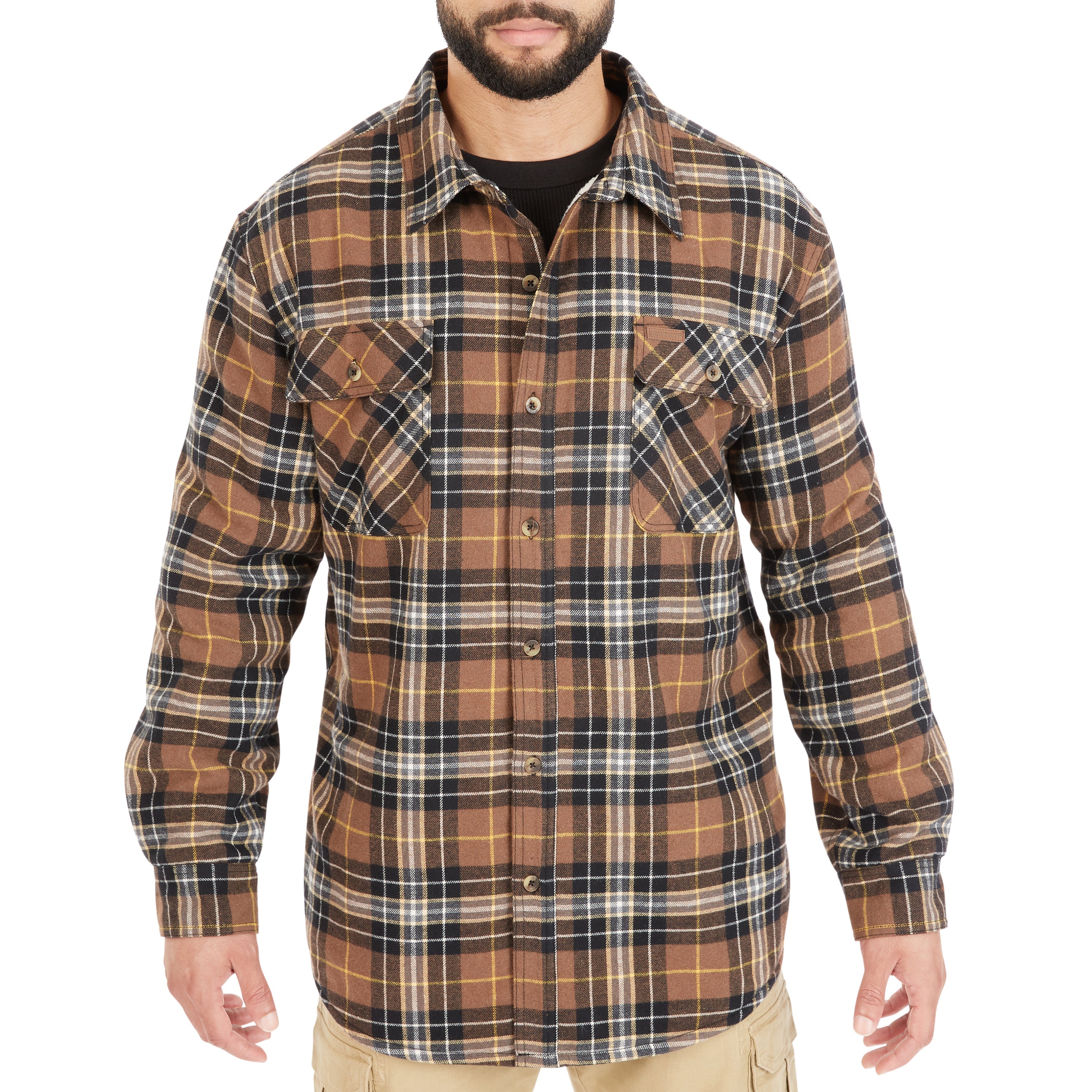  Smith's Workwear Sherpa-Lined Cotton Flannel Shirt Jacket - Stone/Black-55 - Bonton