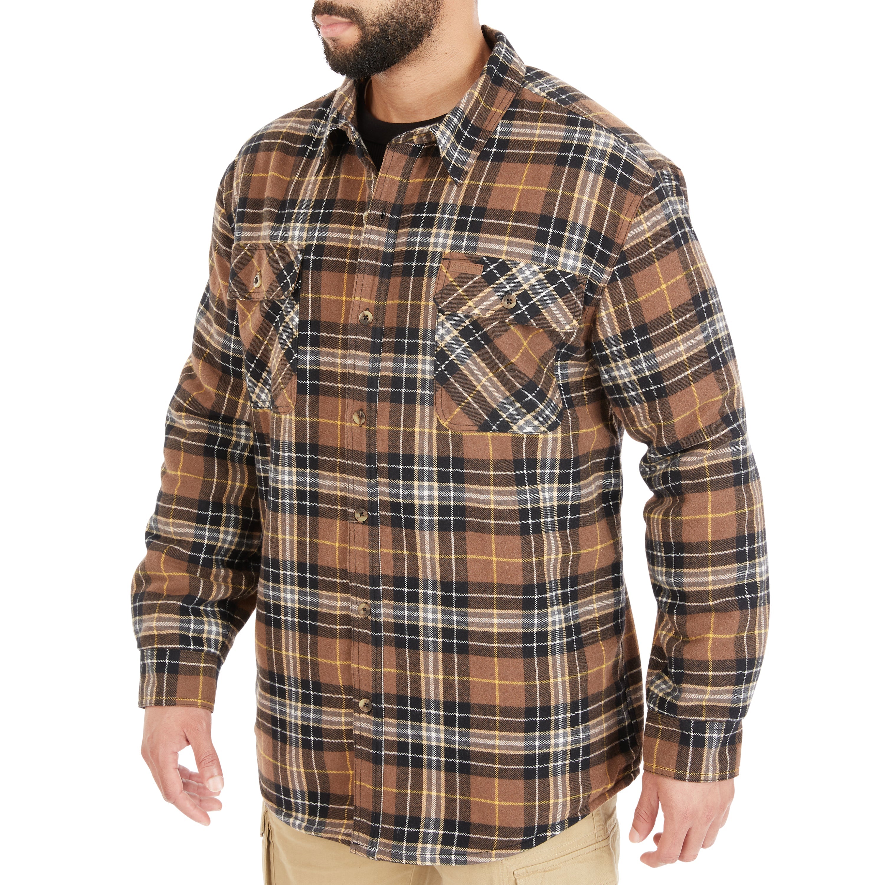  Smith's Workwear Sherpa-Lined Cotton Flannel Shirt Jacket - Stone/Black-55 - Bonton