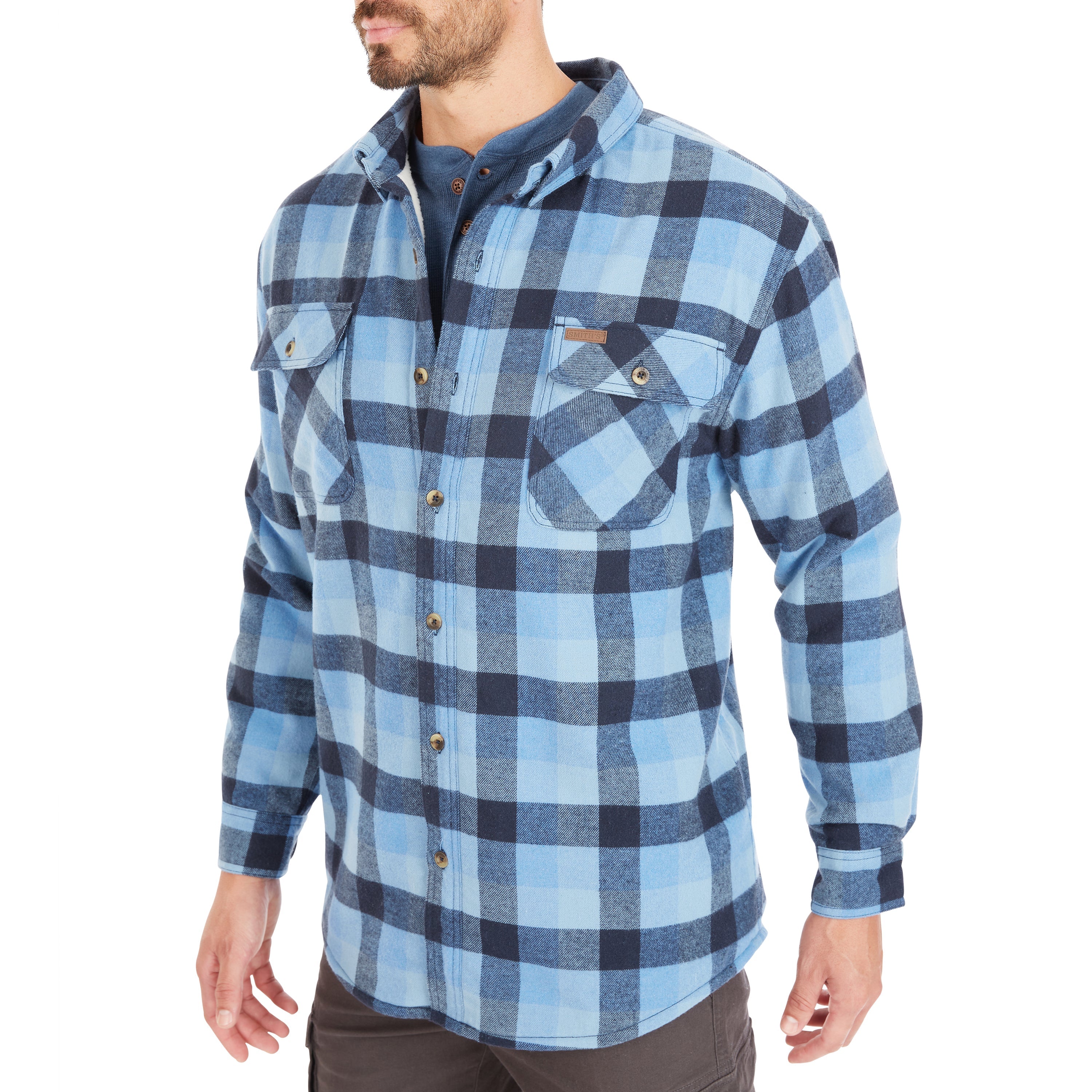  Smith's Workwear Sherpa-Lined Cotton Flannel Shirt Jacket - Chambray/Navy-55 - Bonton