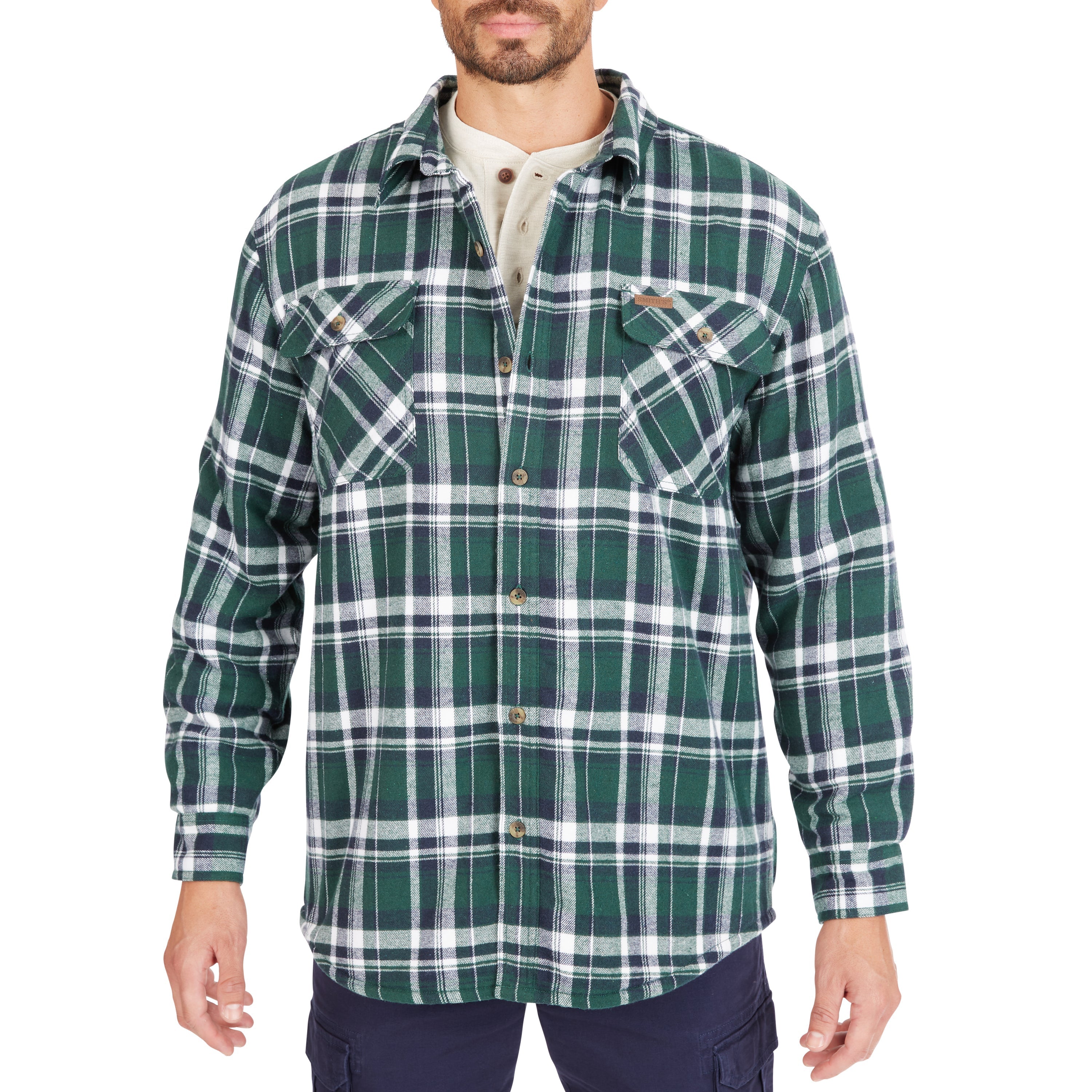  Smith's Workwear Sherpa-Lined Cotton Flannel Shirt Jacket - Stone/Black-55 - Bonton