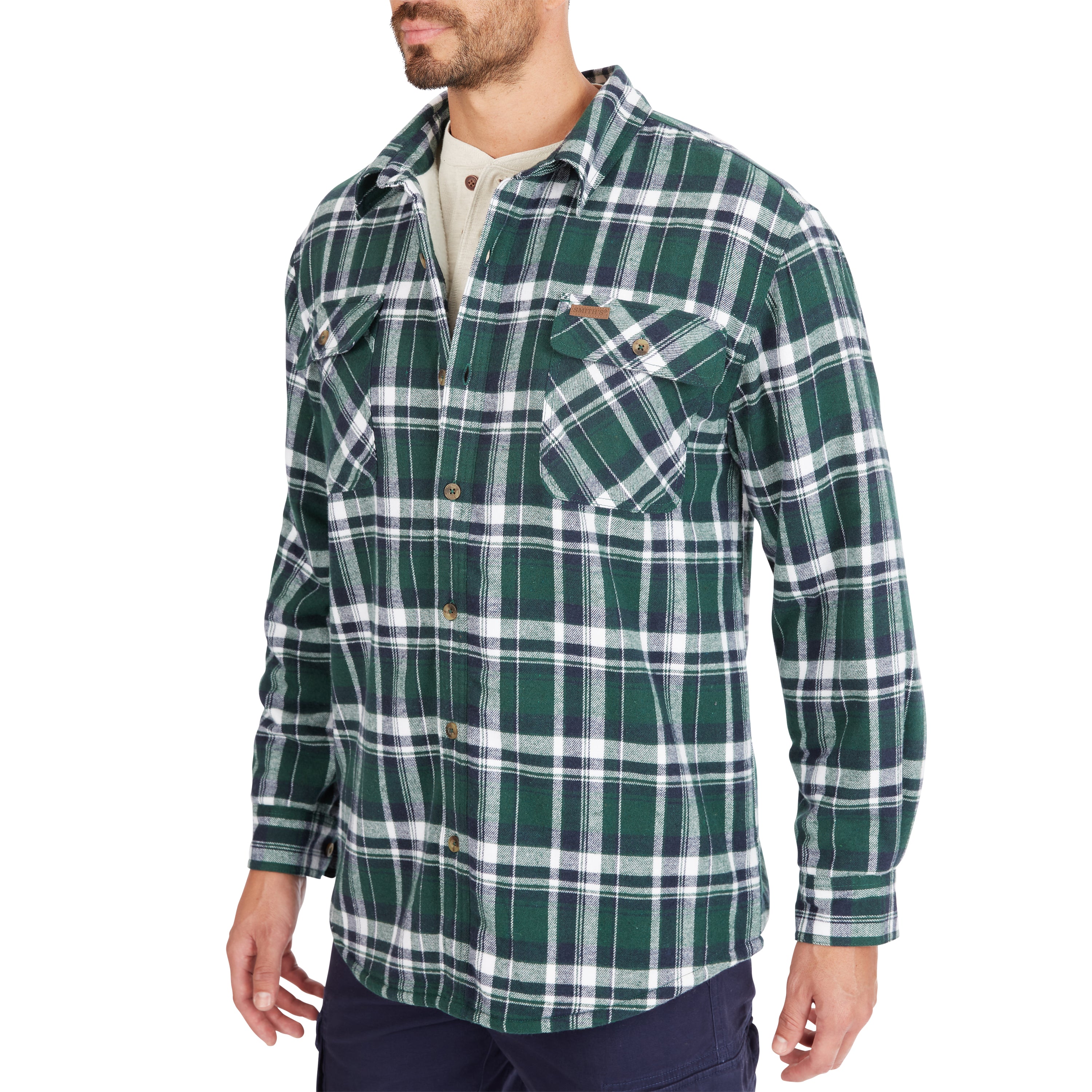  Smith's Workwear Sherpa-Lined Cotton Flannel Shirt Jacket - Stone/Black-55 - Bonton