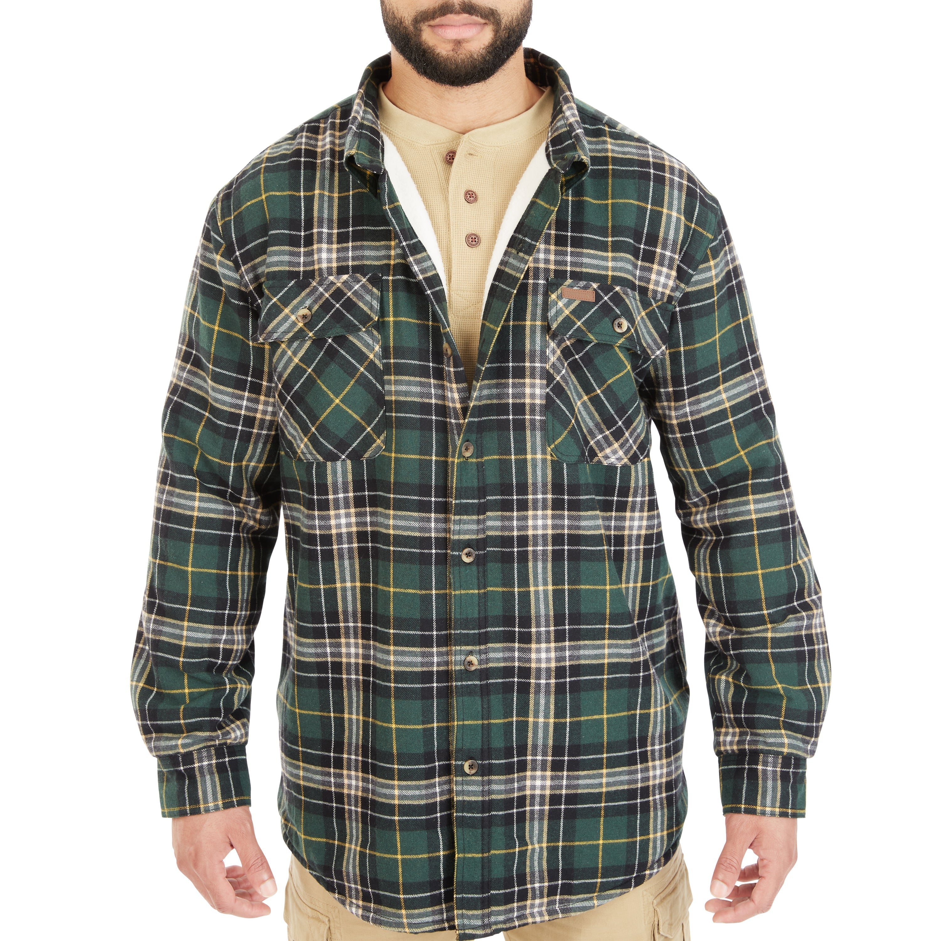  Smith's Workwear Sherpa-Lined Cotton Flannel Shirt Jacket - Stone/Black-55 - Bonton