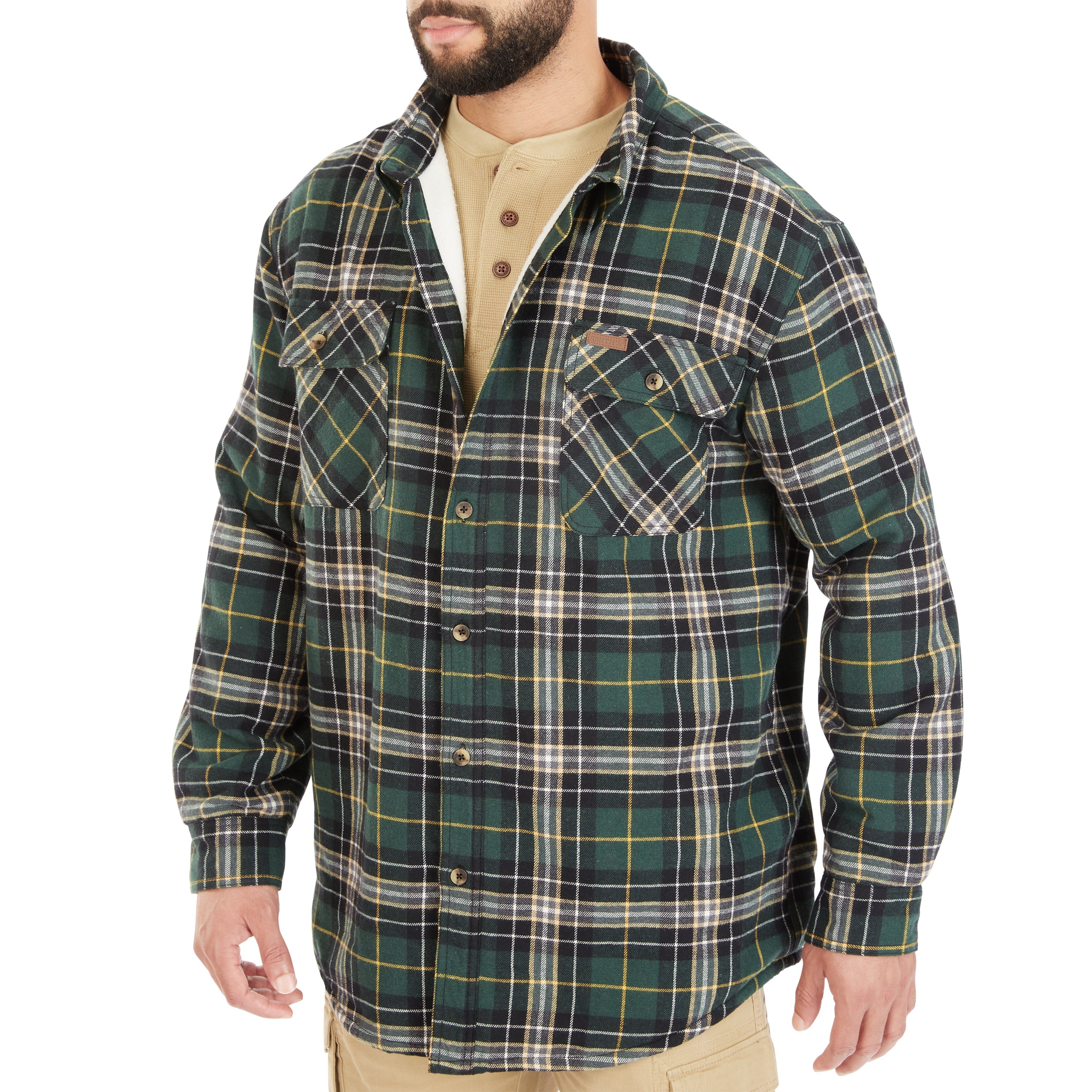  Smith's Workwear Sherpa-Lined Cotton Flannel Shirt Jacket - Stone/Black-55 - Bonton