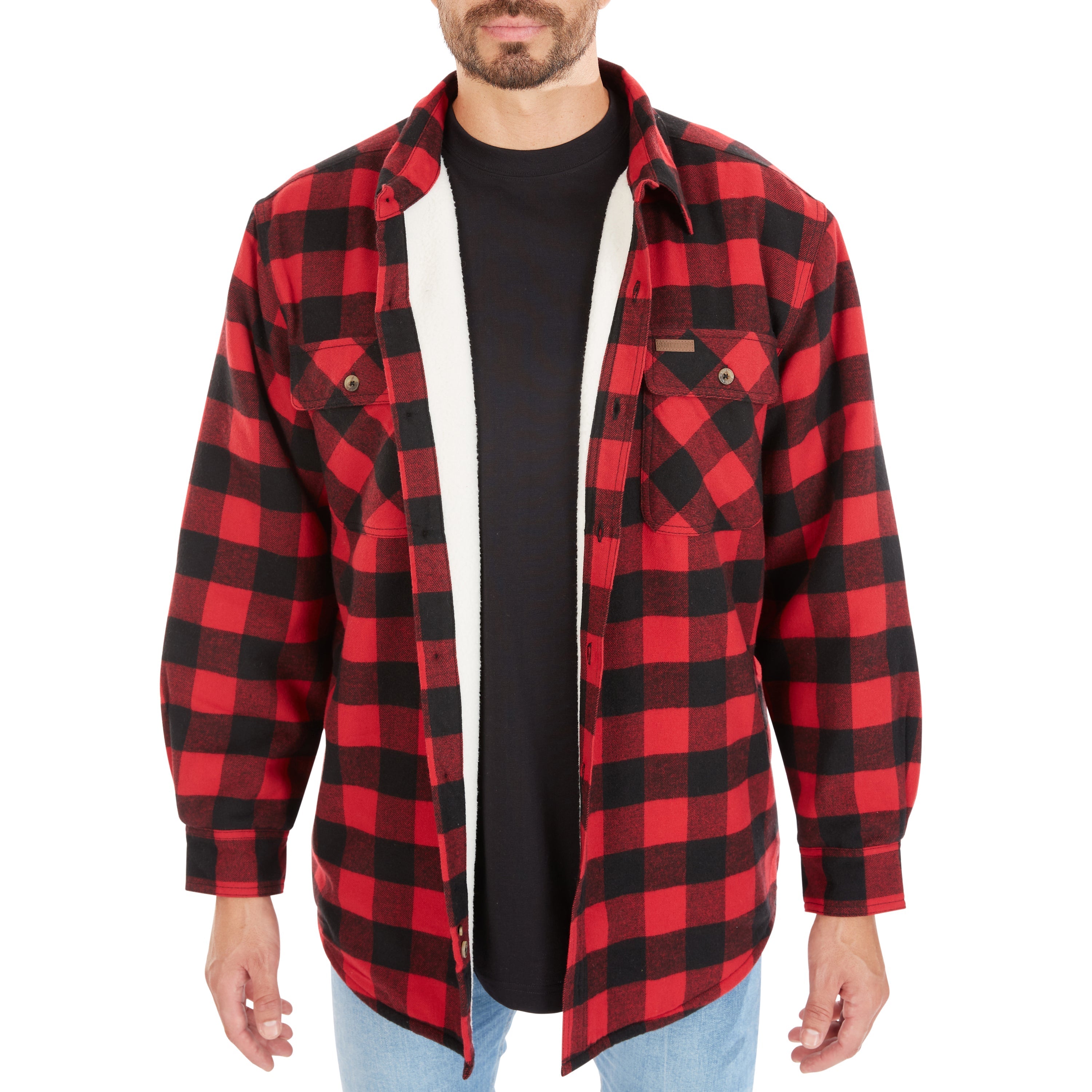  Smith's Workwear Sherpa-Lined Cotton Flannel Shirt Jacket - Stone/Black-55 - Bonton