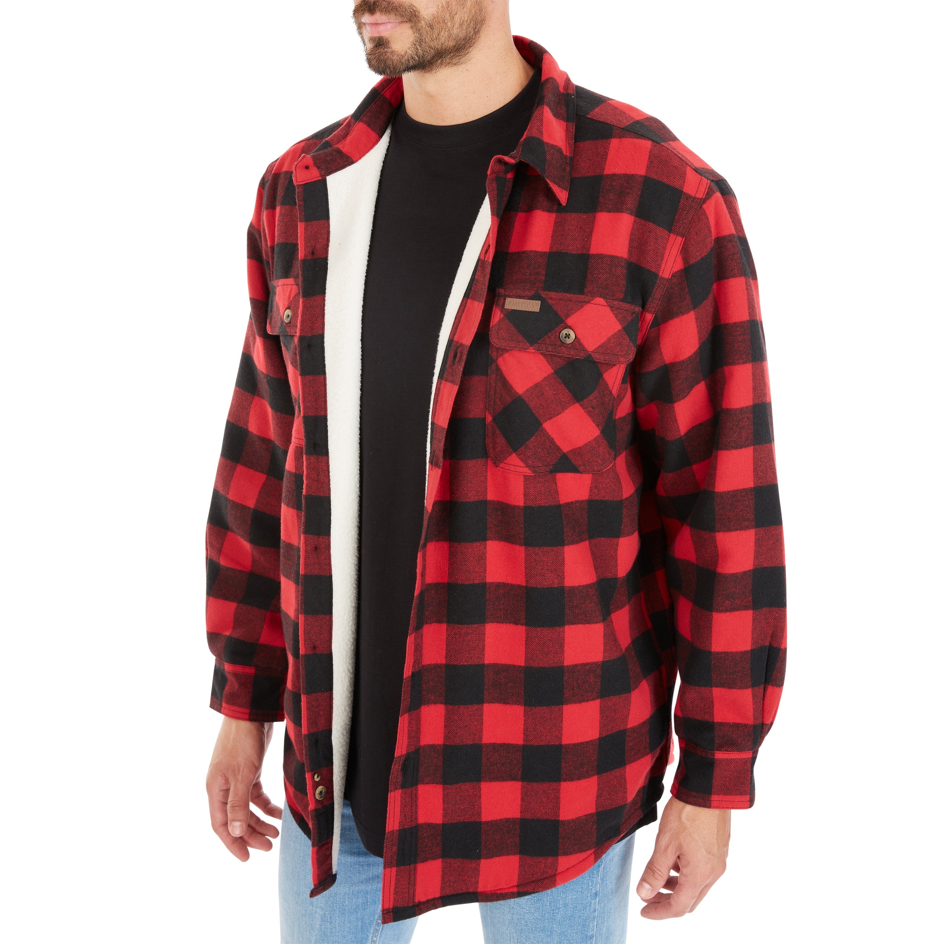  Smith's Workwear Sherpa-Lined Cotton Flannel Shirt Jacket - Stone/Black-55 - Bonton