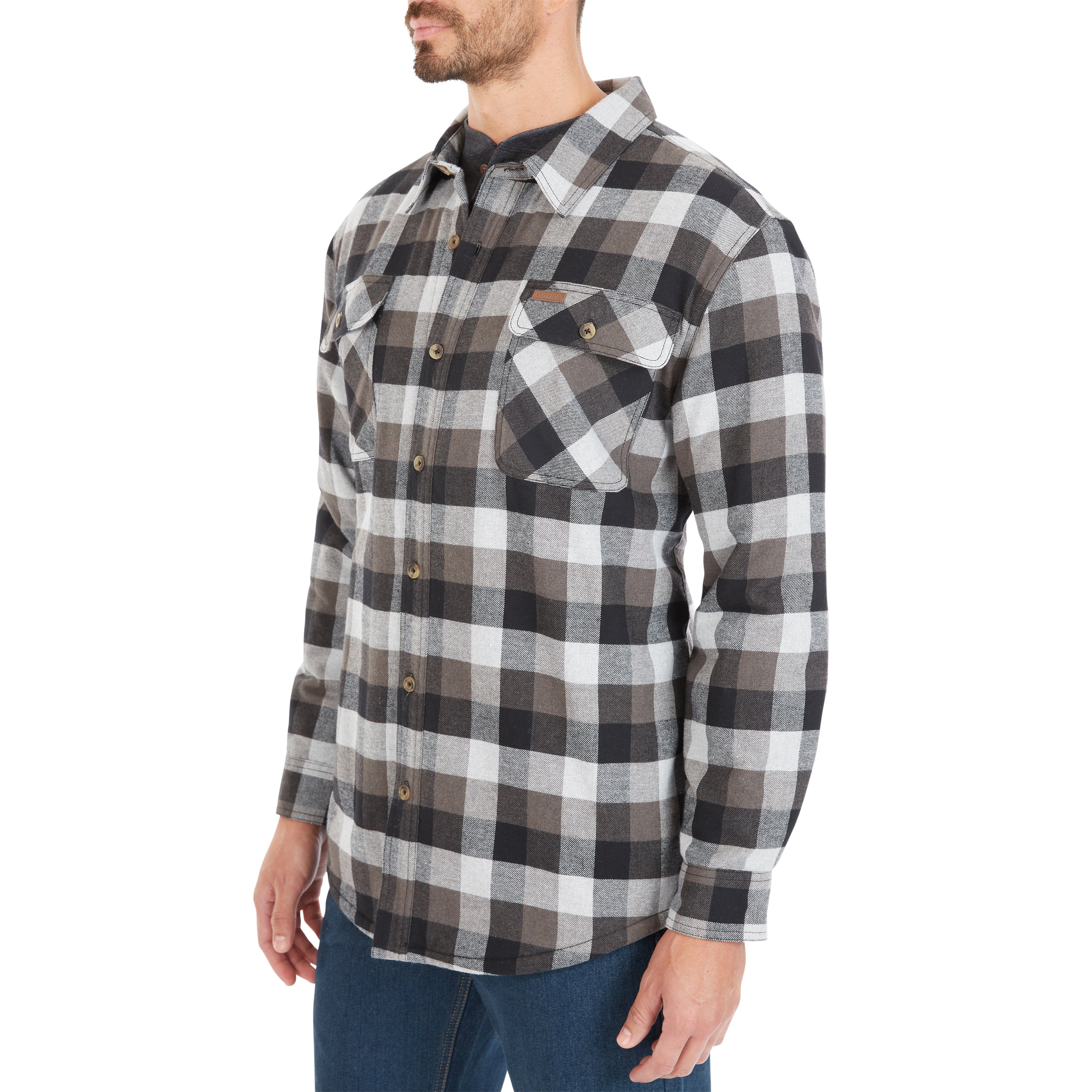  Smith's Workwear Sherpa-Lined Cotton Flannel Shirt Jacket - Stone/Black-55 - Bonton