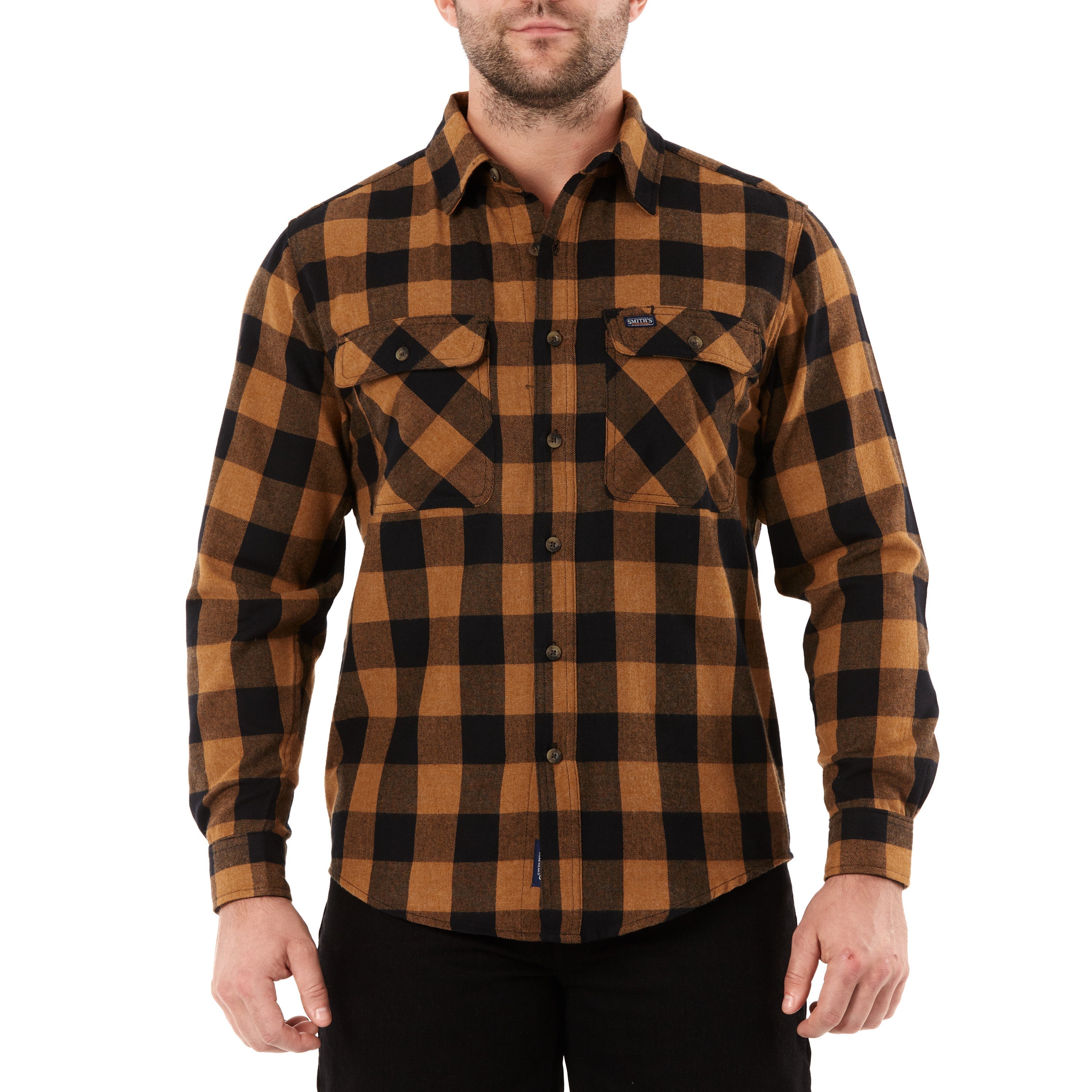  Smith's Workwear Two-Pocket Flannel Shirt - Heather Camel Brown/Black-203 - Bonton