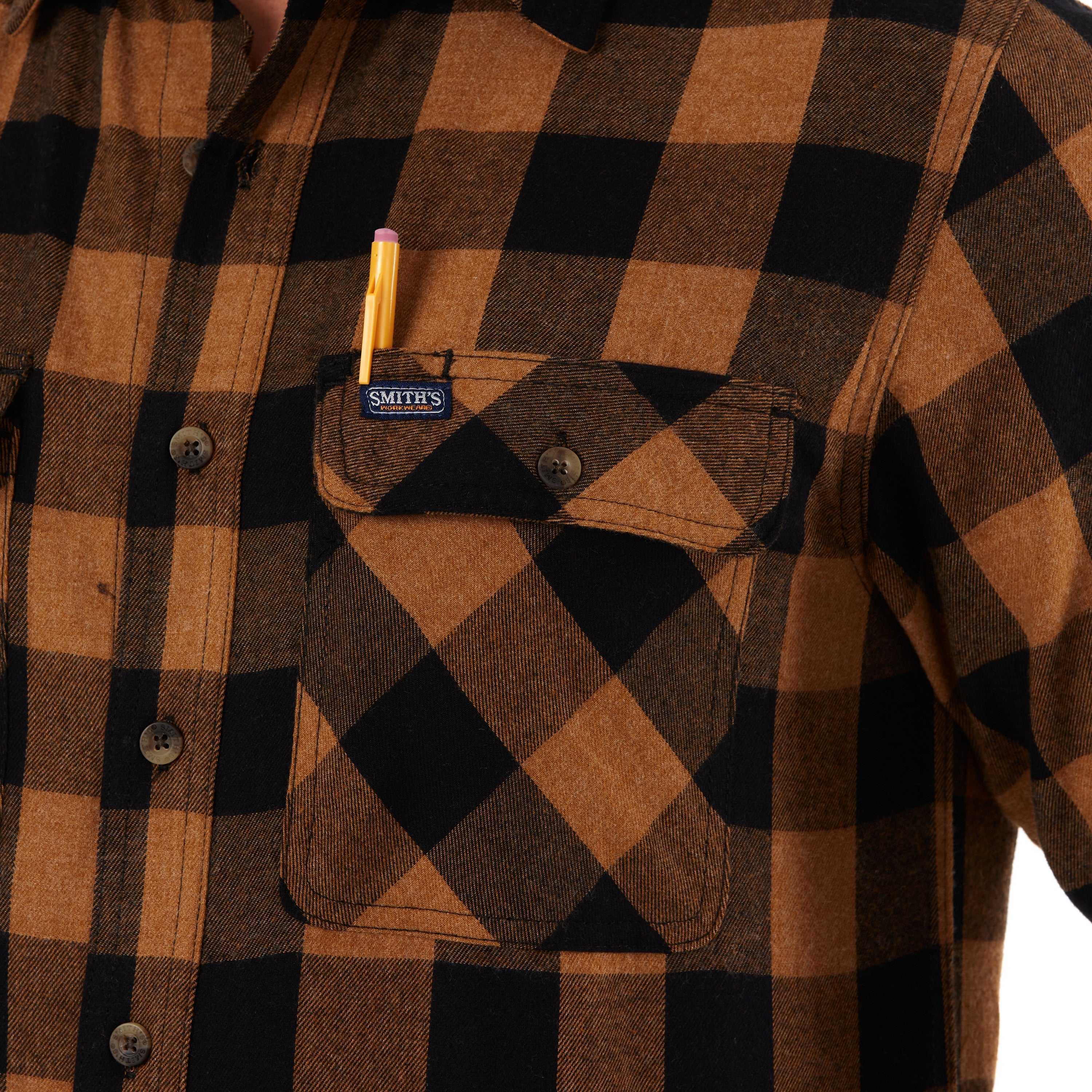  Smith's Workwear Two-Pocket Flannel Shirt - Heather Camel Brown/Black-203 - Bonton