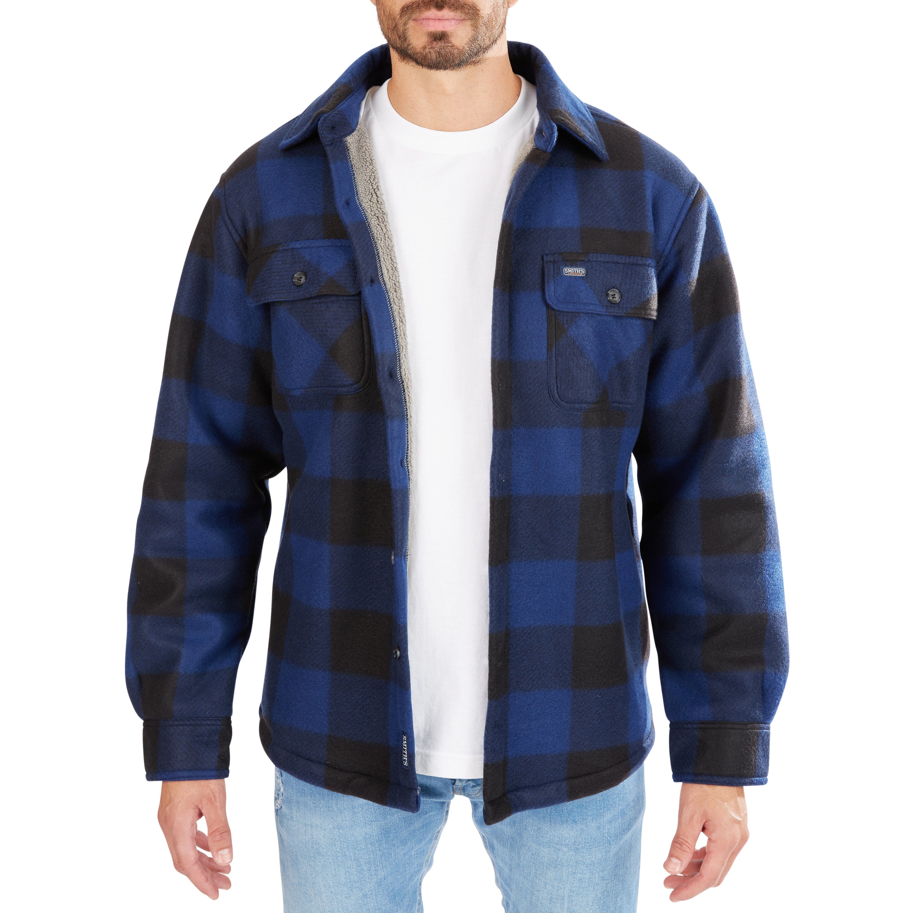  Smith's Workwear Sherpa-Lined Plaid Fleece Shirt Jacket - Olive/Black-503 - Bonton