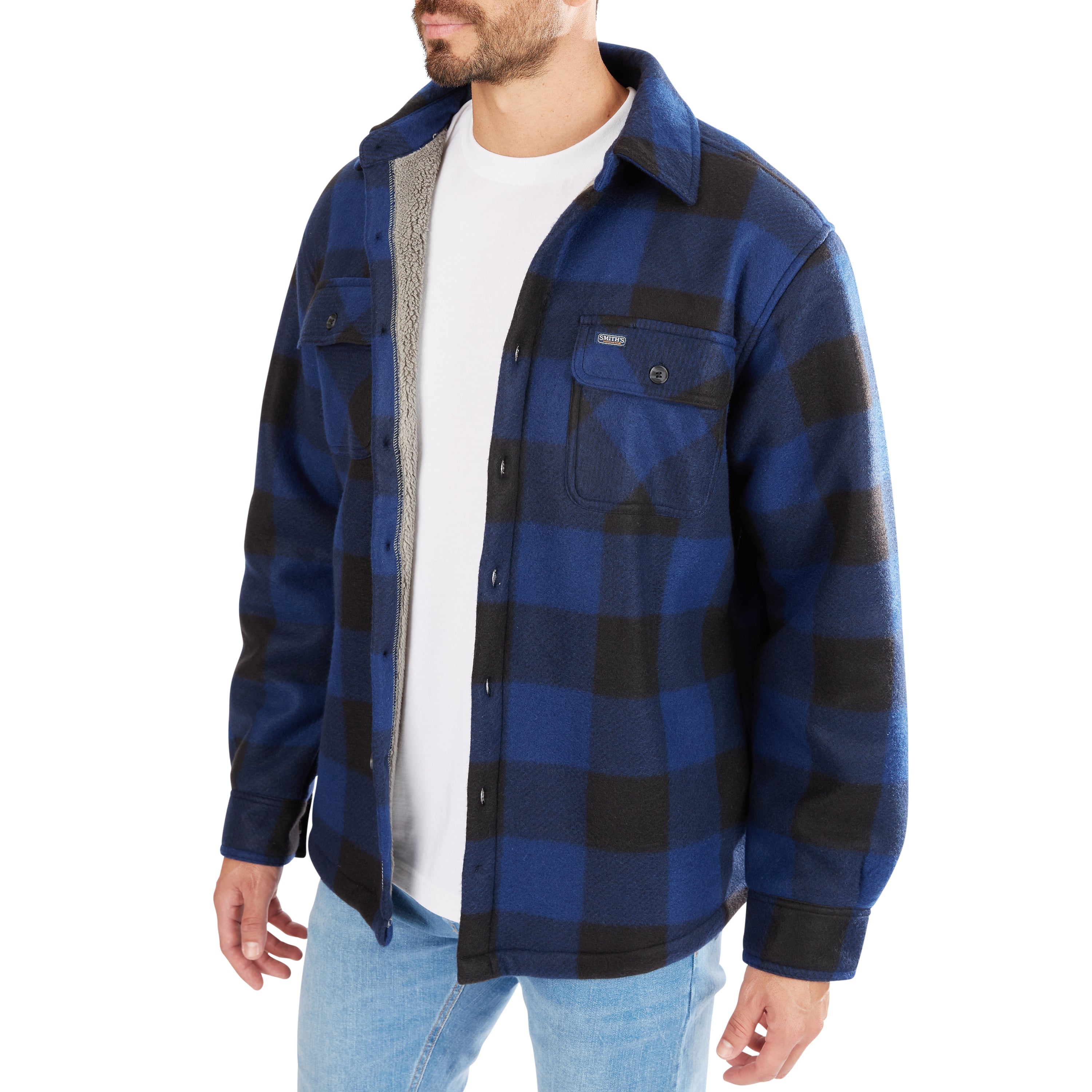  Smith's Workwear Sherpa-Lined Plaid Fleece Shirt Jacket - Red/Black-503 - Bonton