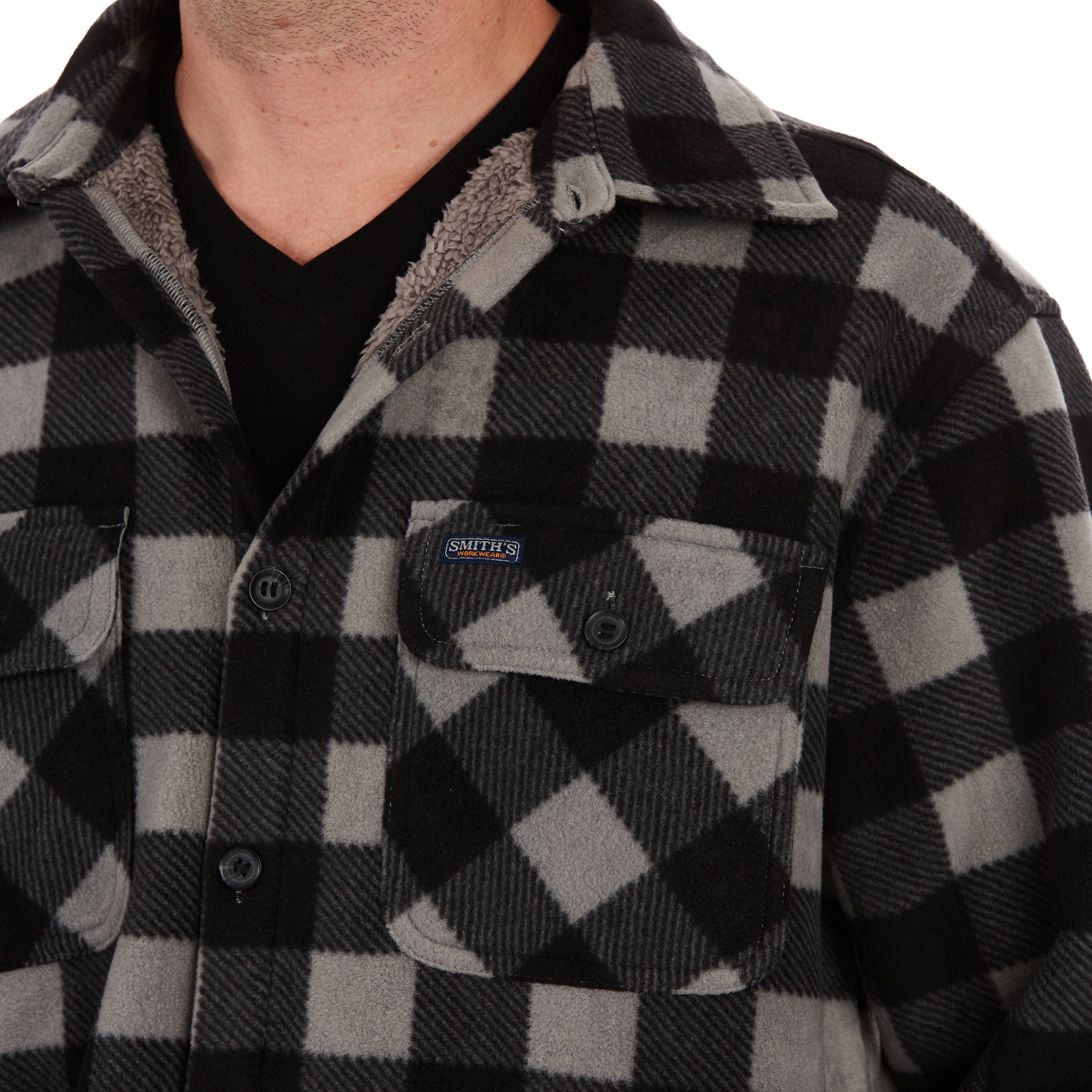  Smith's Workwear Sherpa-Lined Plaid Fleece Shirt Jacket - Olive/Black-503 - Bonton