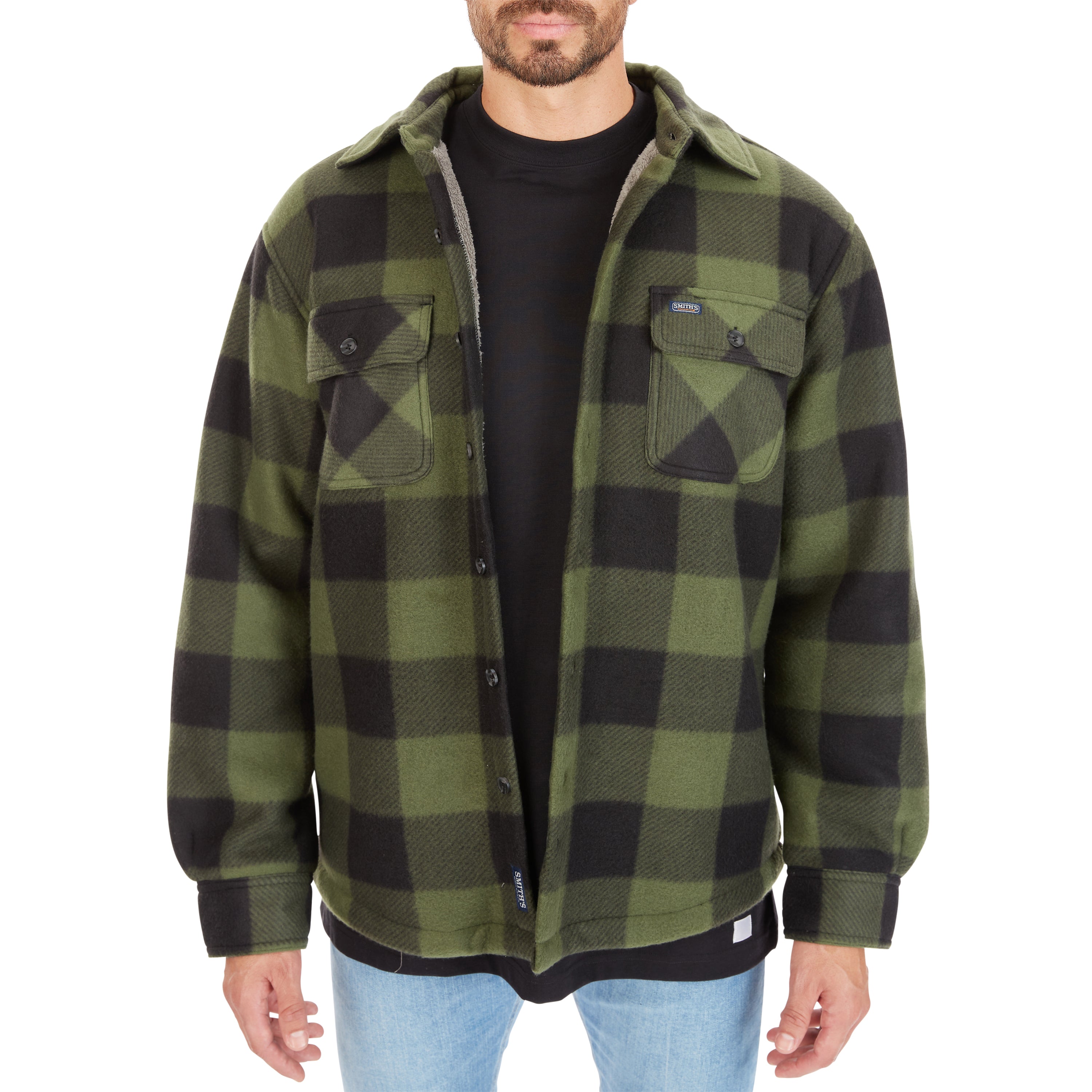  Smith's Workwear Sherpa-Lined Plaid Fleece Shirt Jacket - Stone/Black-503 - Bonton