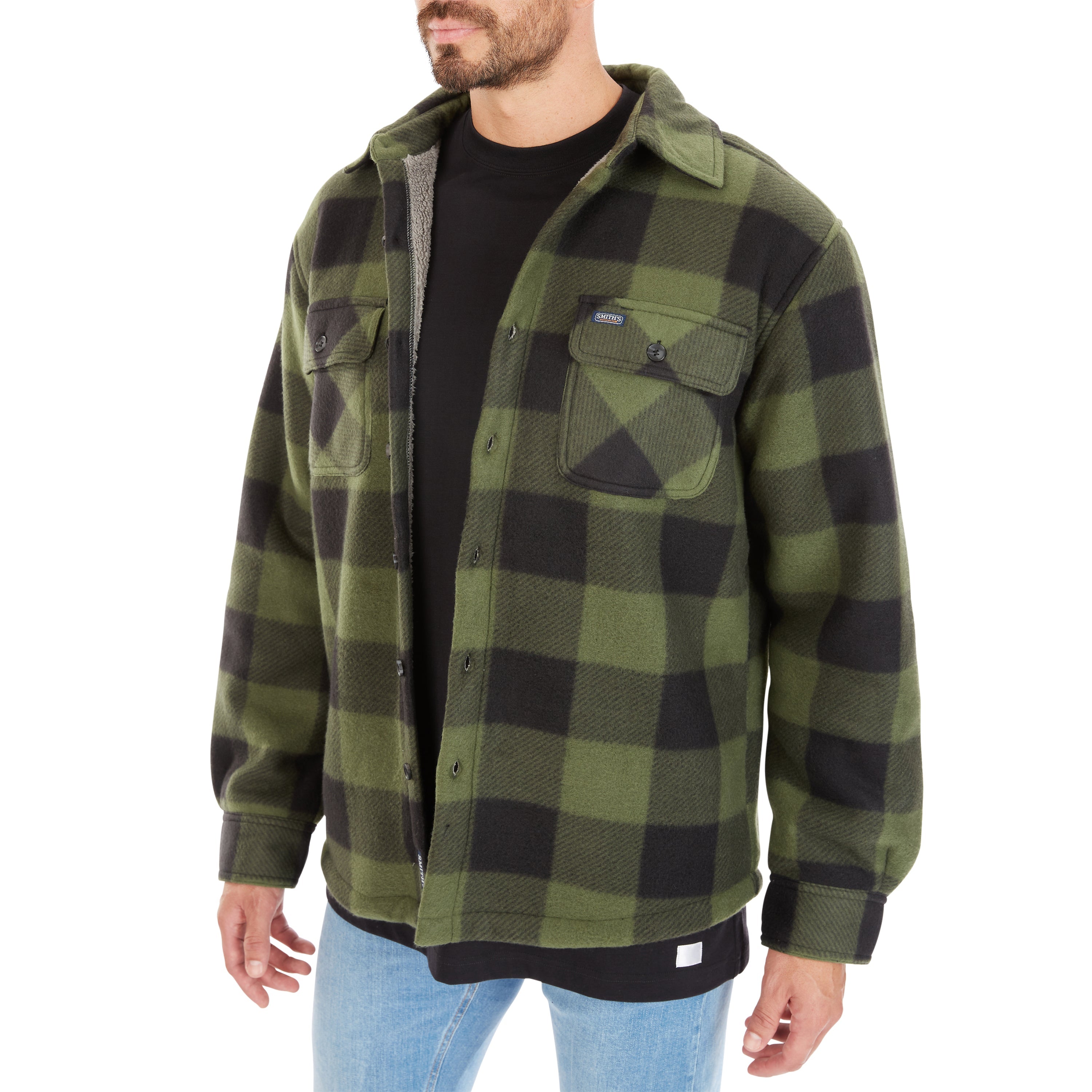  Smith's Workwear Sherpa-Lined Plaid Fleece Shirt Jacket - Olive/Black-503 - Bonton