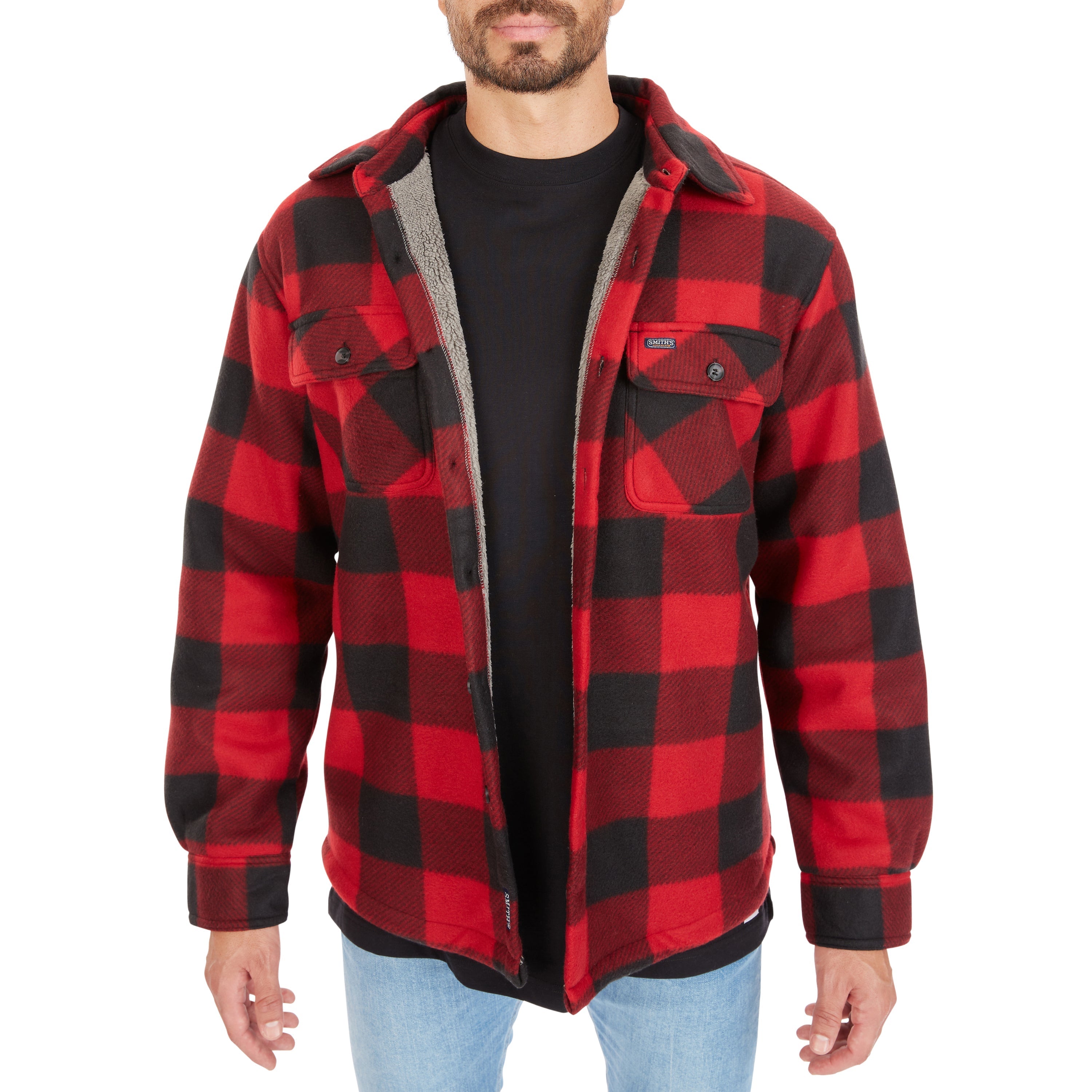  Smith's Workwear Sherpa-Lined Plaid Fleece Shirt Jacket - Red/Black-503 - Bonton