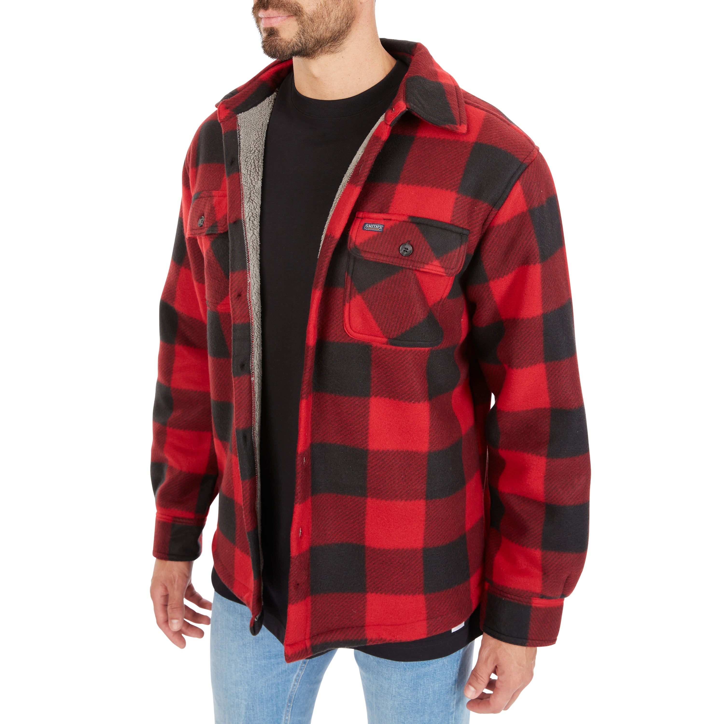  Smith's Workwear Sherpa-Lined Plaid Fleece Shirt Jacket - Red/Black-503 - Bonton