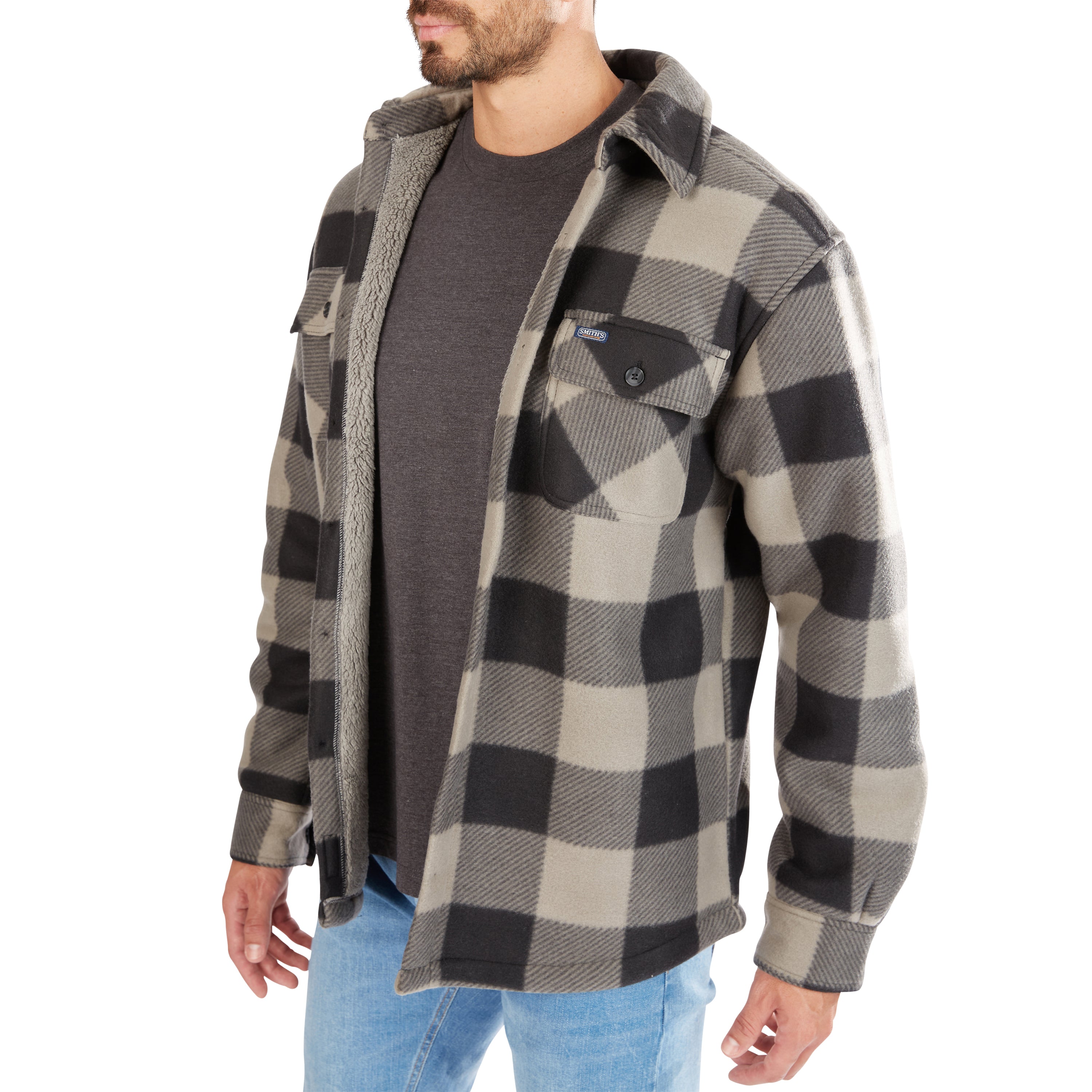  Smith's Workwear Sherpa-Lined Plaid Fleece Shirt Jacket - Red/Black-503 - Bonton