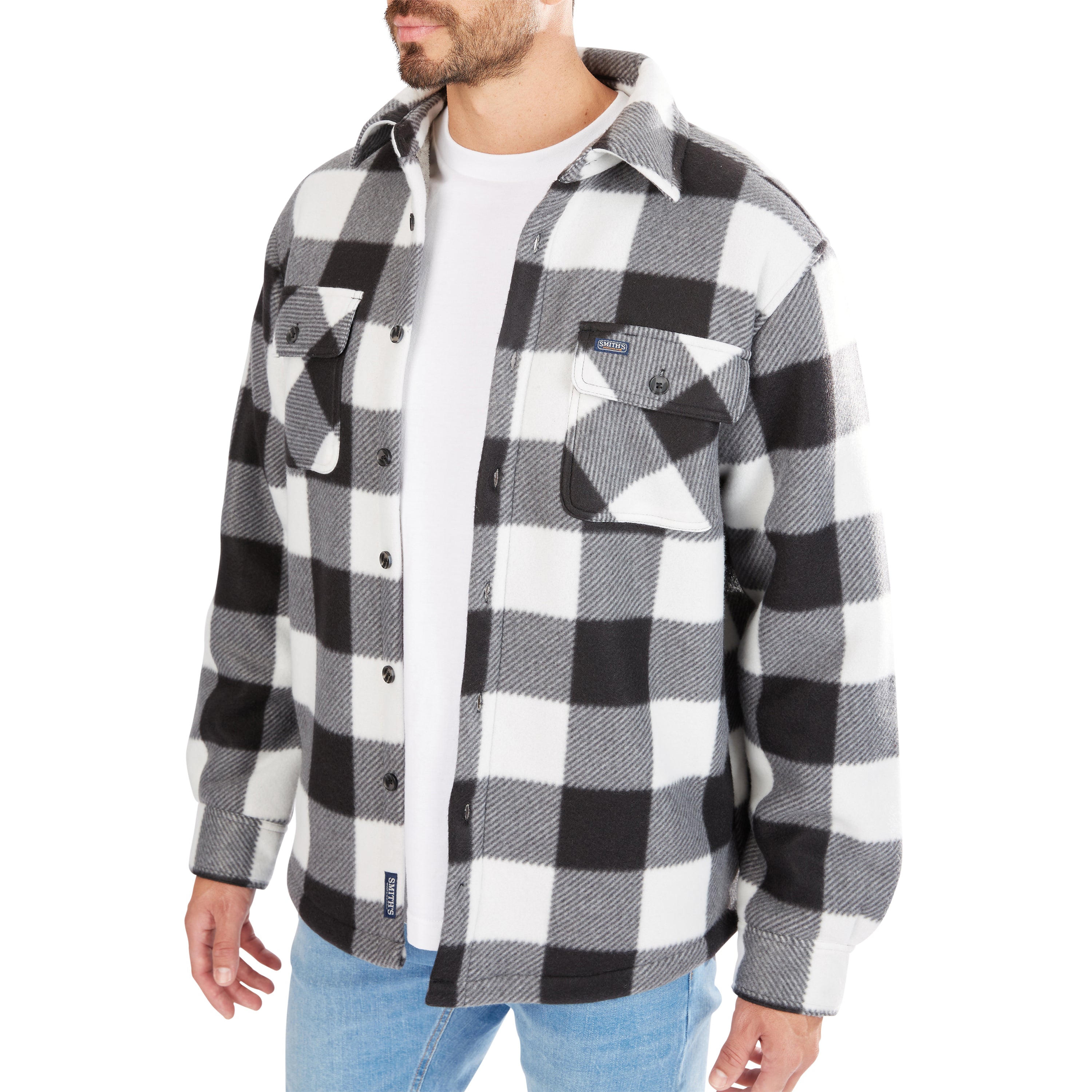  Smith's Workwear Sherpa-Lined Plaid Fleece Shirt Jacket - Olive/Black-503 - Bonton