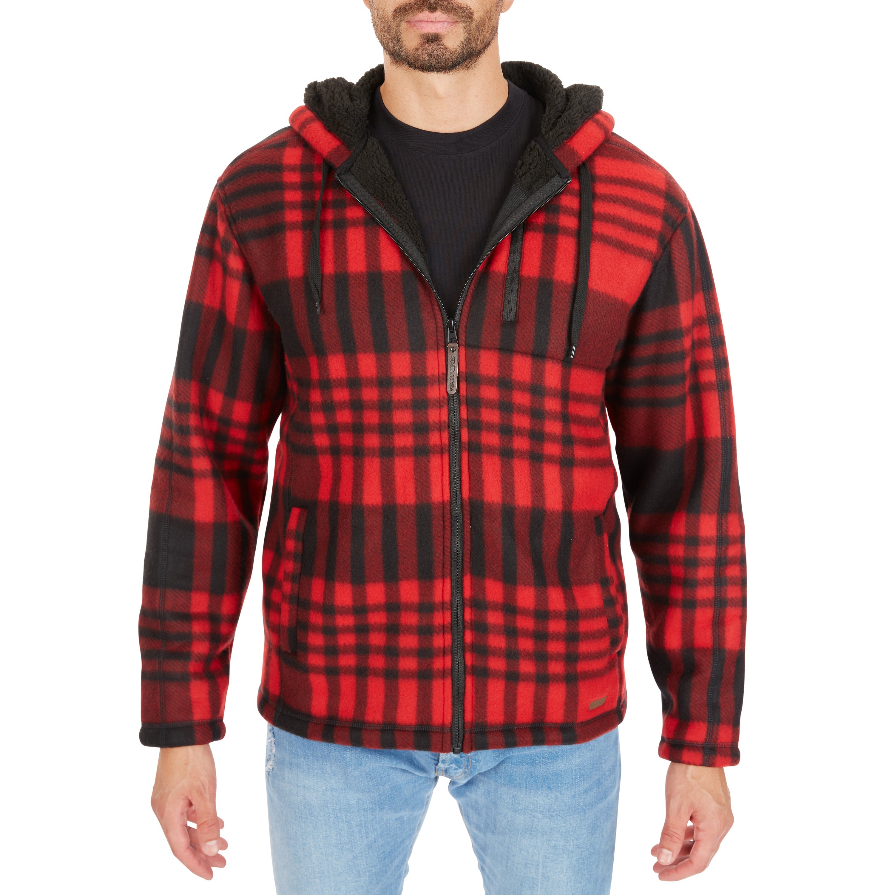  Smith's Workwear Butter-Sherpa Lined Plaid Polar Fleece Full Zip Hooded Jacket - Red-262 - Bonton