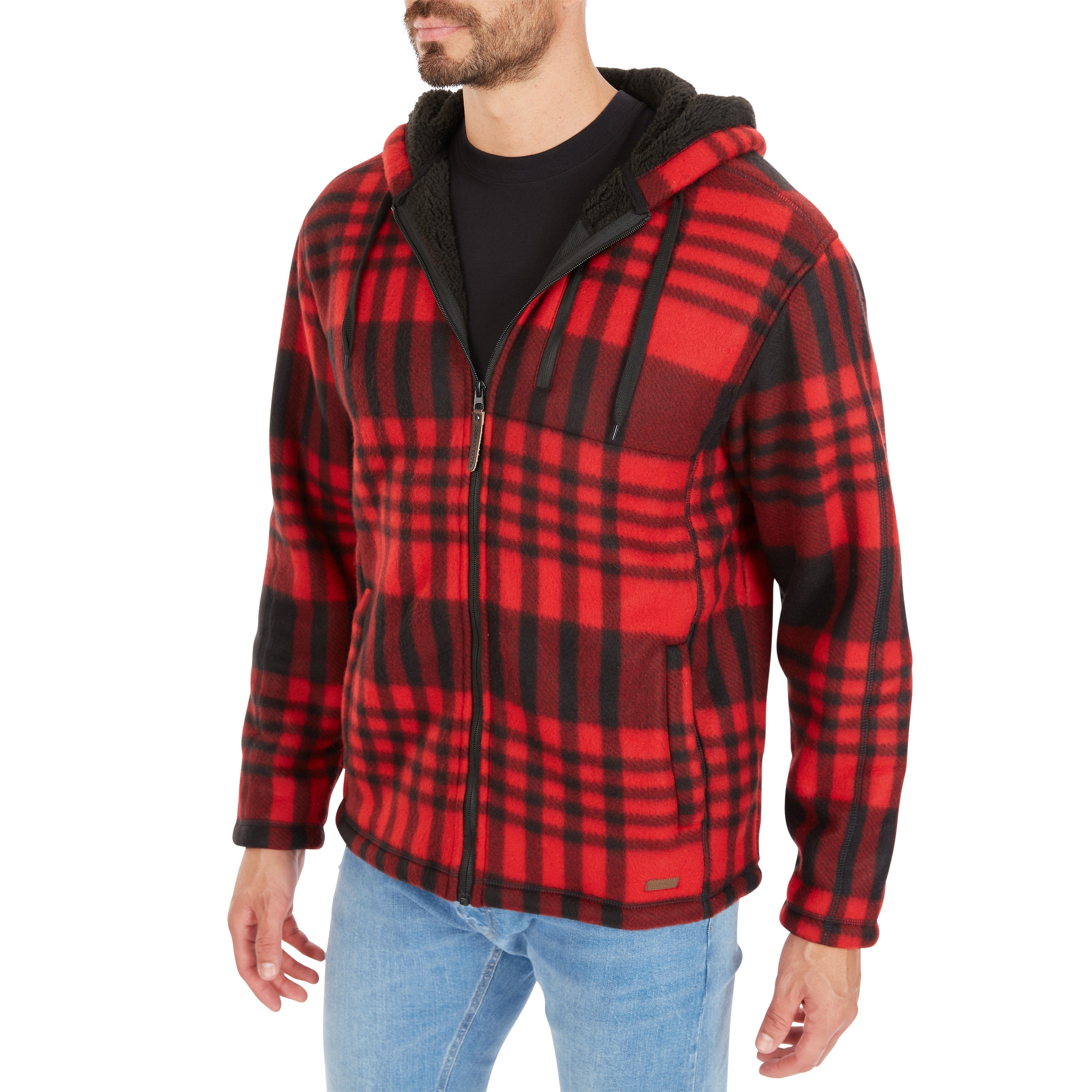  Smith's Workwear Butter-Sherpa Lined Plaid Polar Fleece Full Zip Hooded Jacket - Red-262 - Bonton