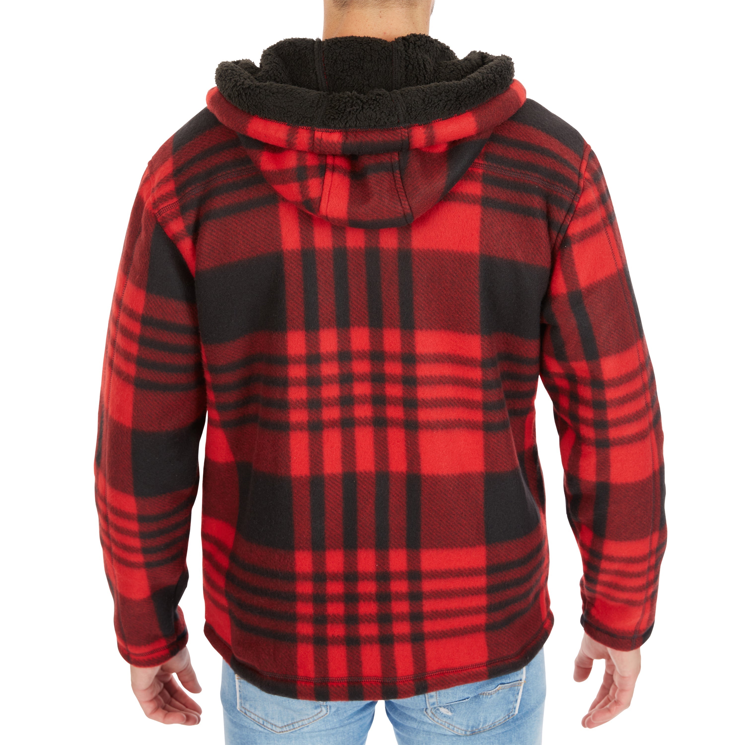  Smith's Workwear Butter-Sherpa Lined Plaid Polar Fleece Full Zip Hooded Jacket - Red-262 - Bonton