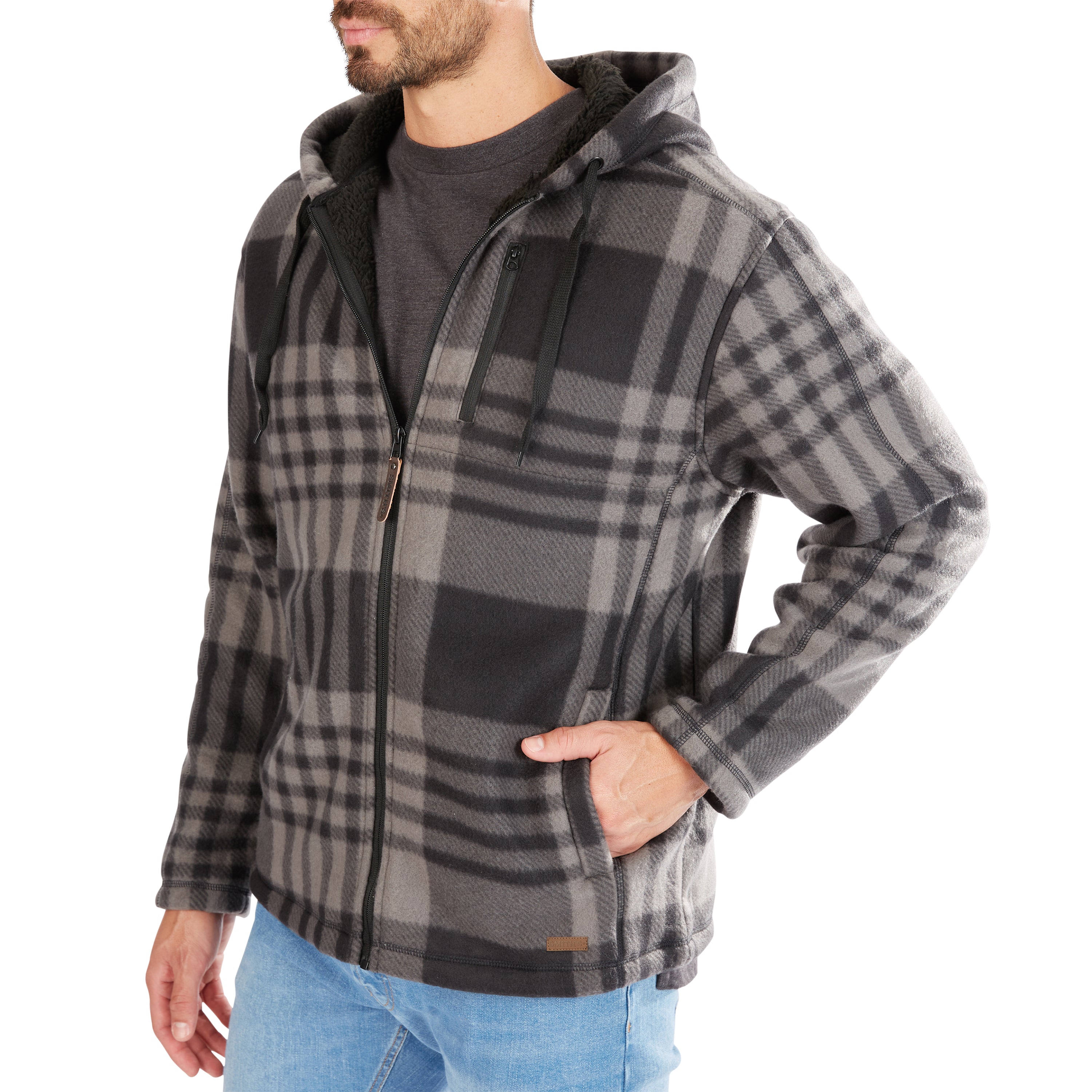  Smith's Workwear Butter-Sherpa Lined Plaid Polar Fleece Full Zip Hooded Jacket - Red-262 - Bonton