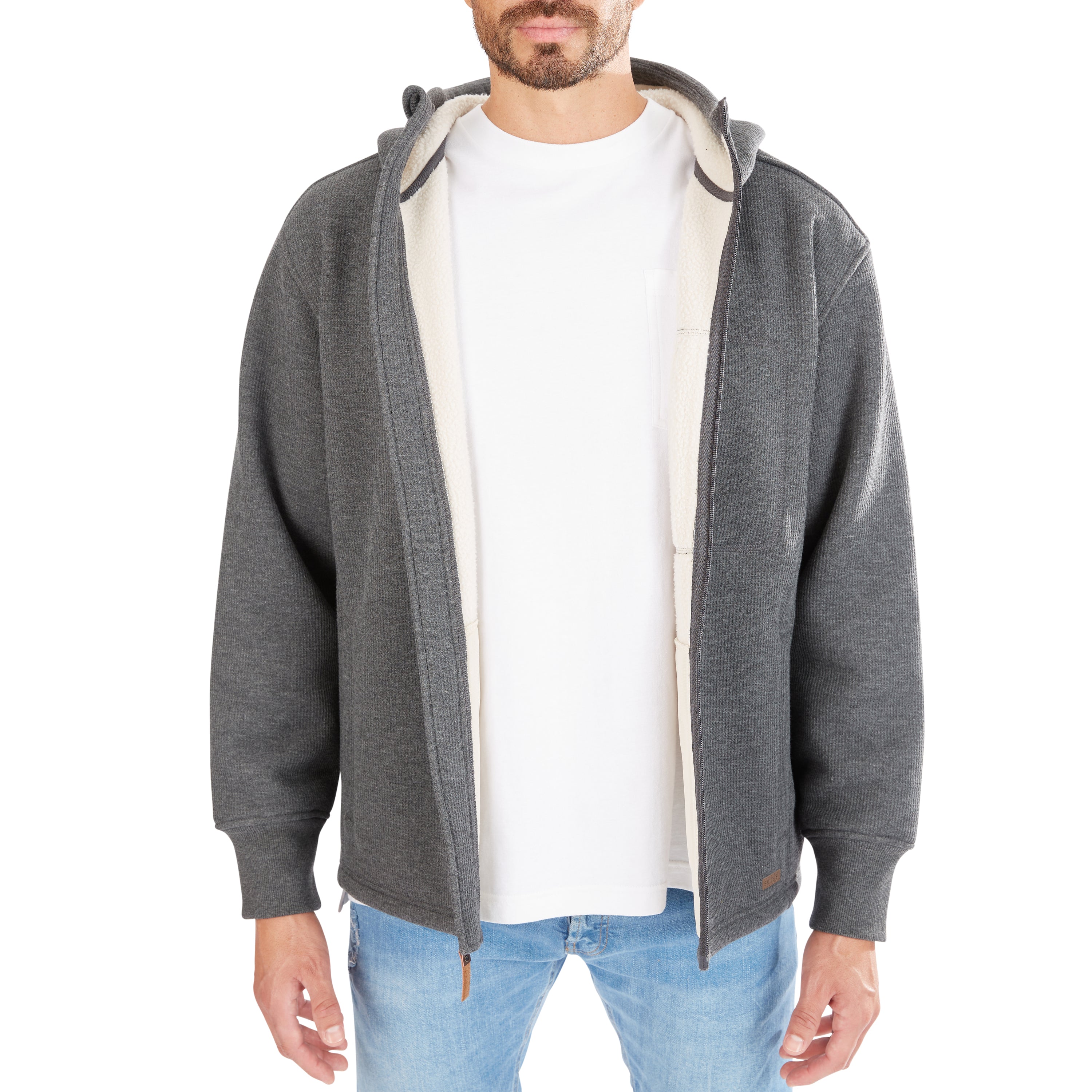  Smith's Workwear Sherpa-Lined Heather Thermal Hooded Full Zip Shirt Jacket - Heather Charcoal - Bonton