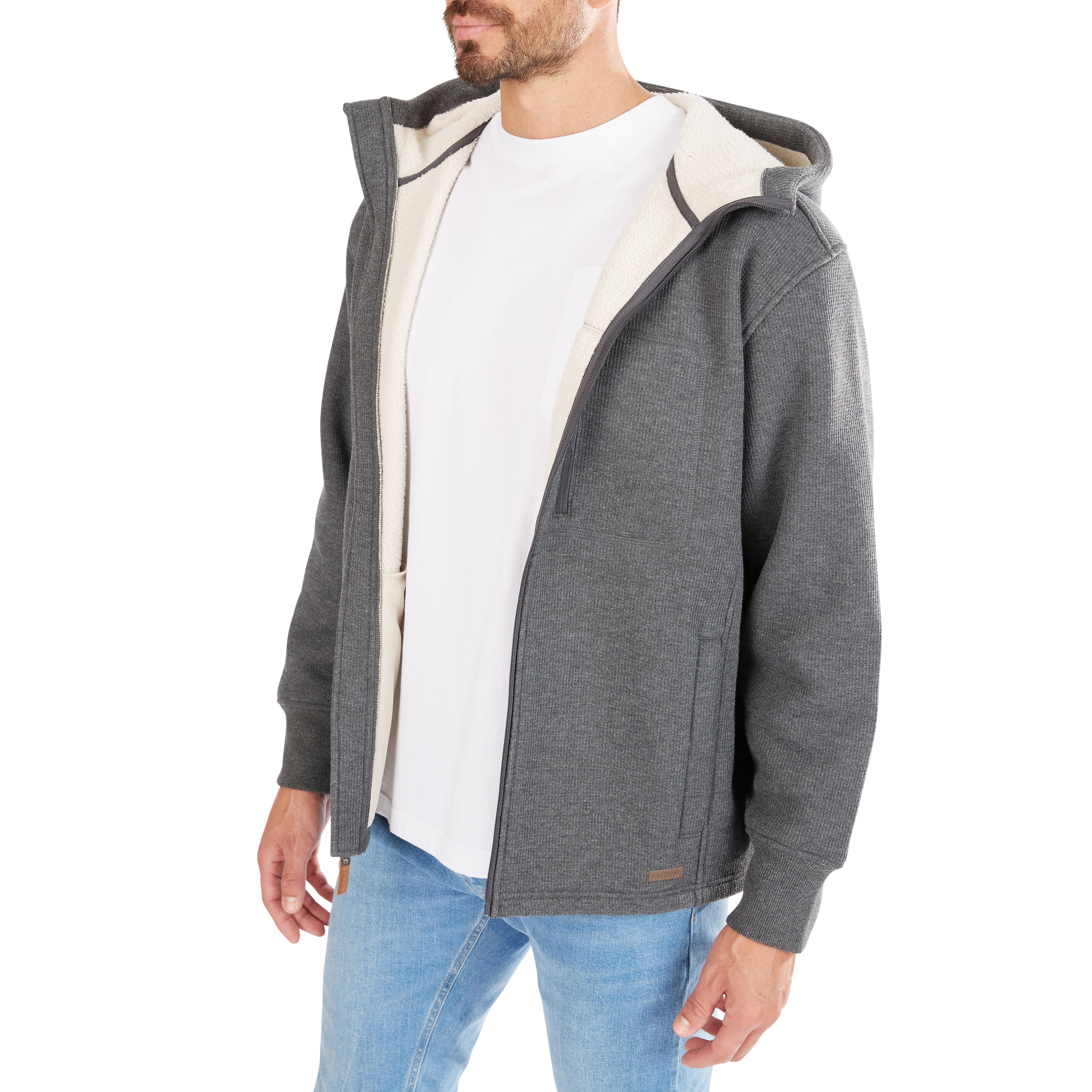  Smith's Workwear Sherpa-Lined Heather Thermal Hooded Full Zip Shirt Jacket - Heather Charcoal - Bonton