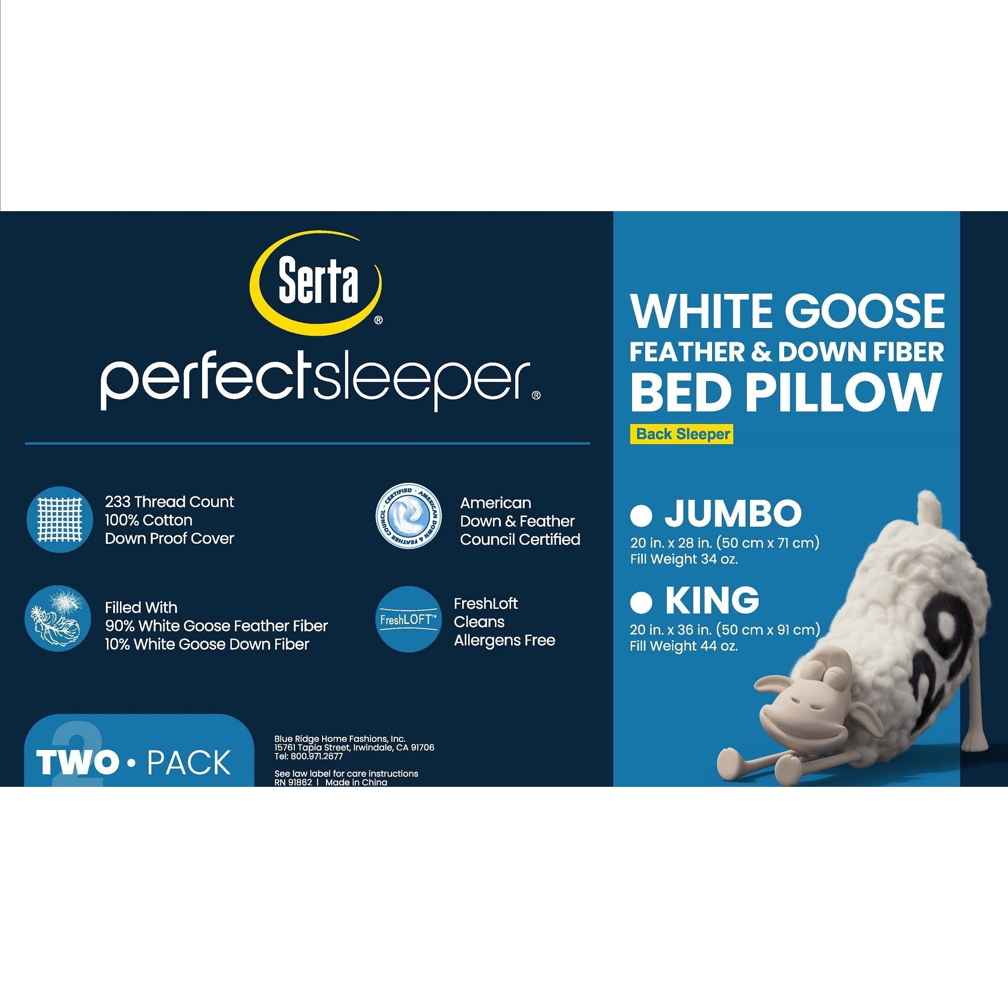  Serta 90/10 Goose Feather/Down Fiber Medium Firm Pillows 2 Pack - White - Bonton