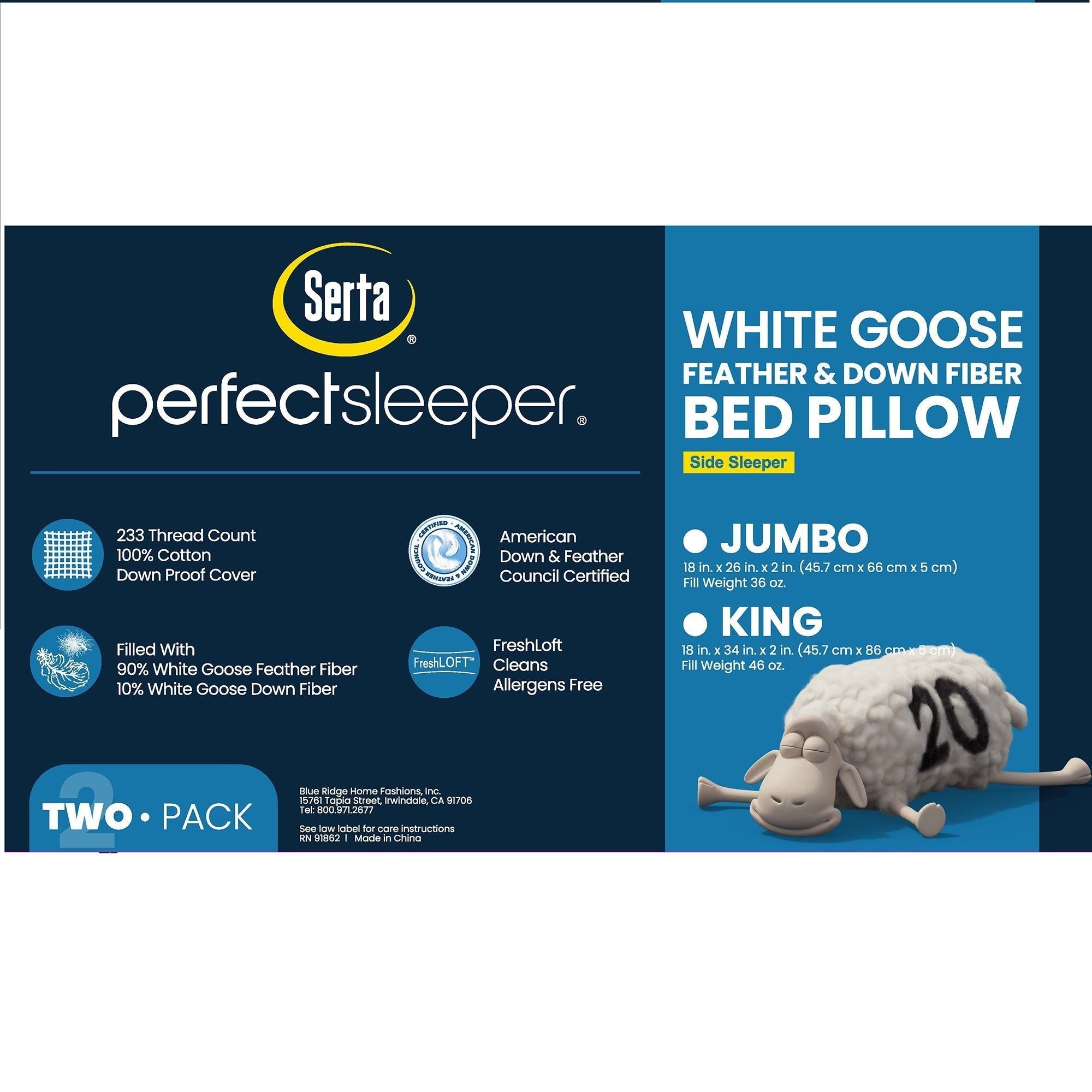  Serta 90/10 Goose Feather/Down Fiber Firm Pillows 2 Pack - White - Bonton