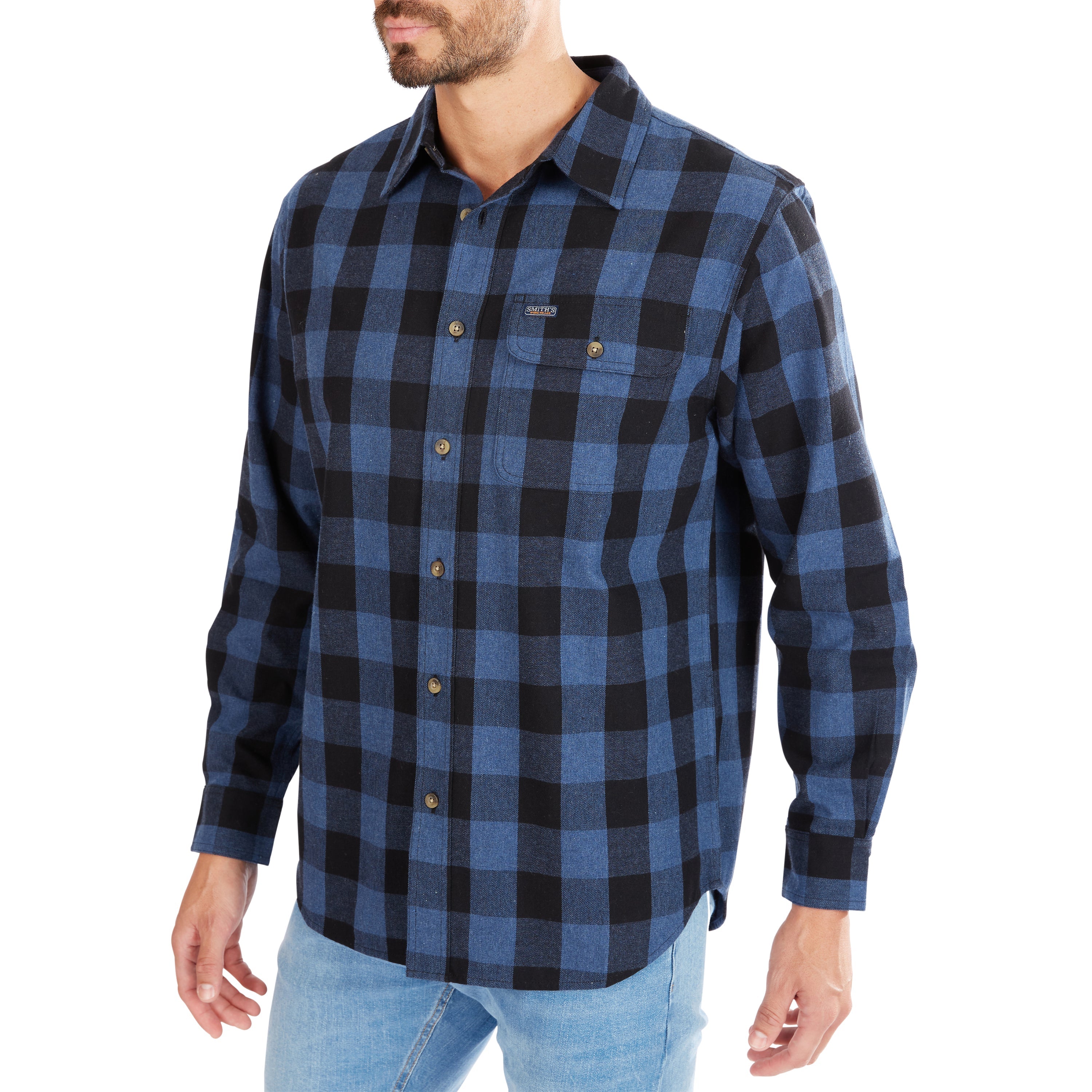  Smith's Workwear Pocket Flannel Button-Up Shirt - Blue/Black-503 - Bonton