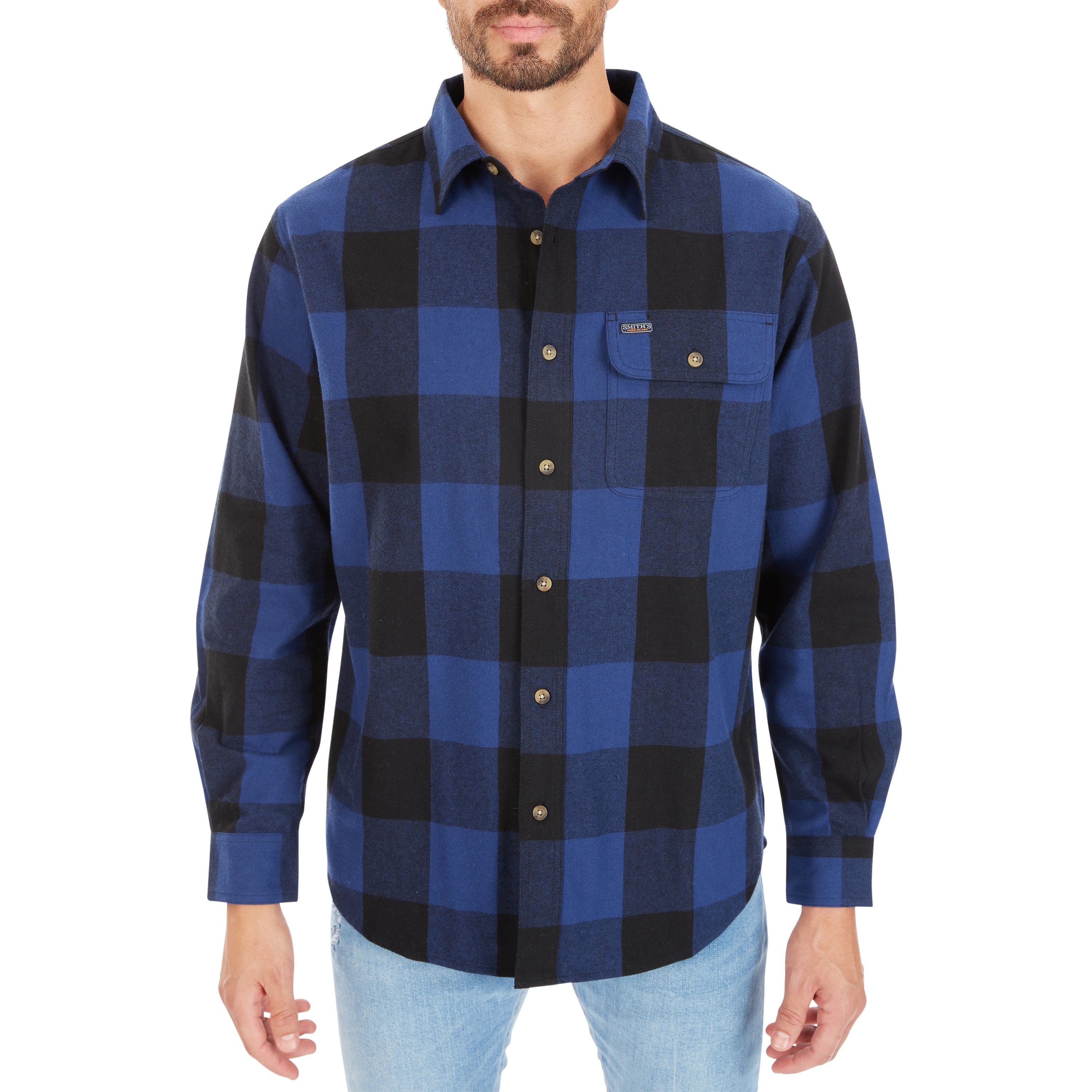  Smith's Workwear Pocket Flannel Button-Up Shirt - Blue/Black-503 - Bonton