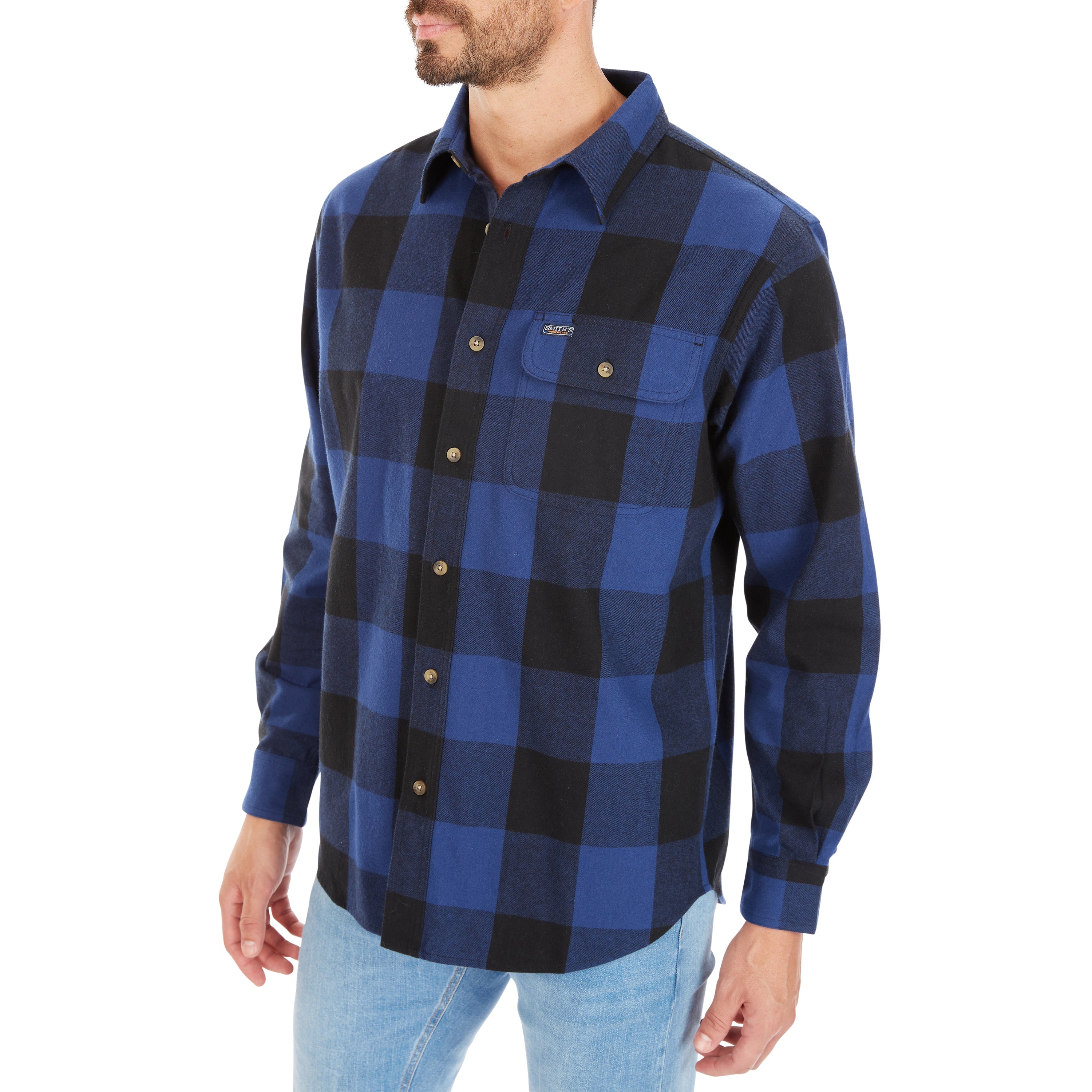  Smith's Workwear Pocket Flannel Button-Up Shirt - Blue/Black-503 - Bonton