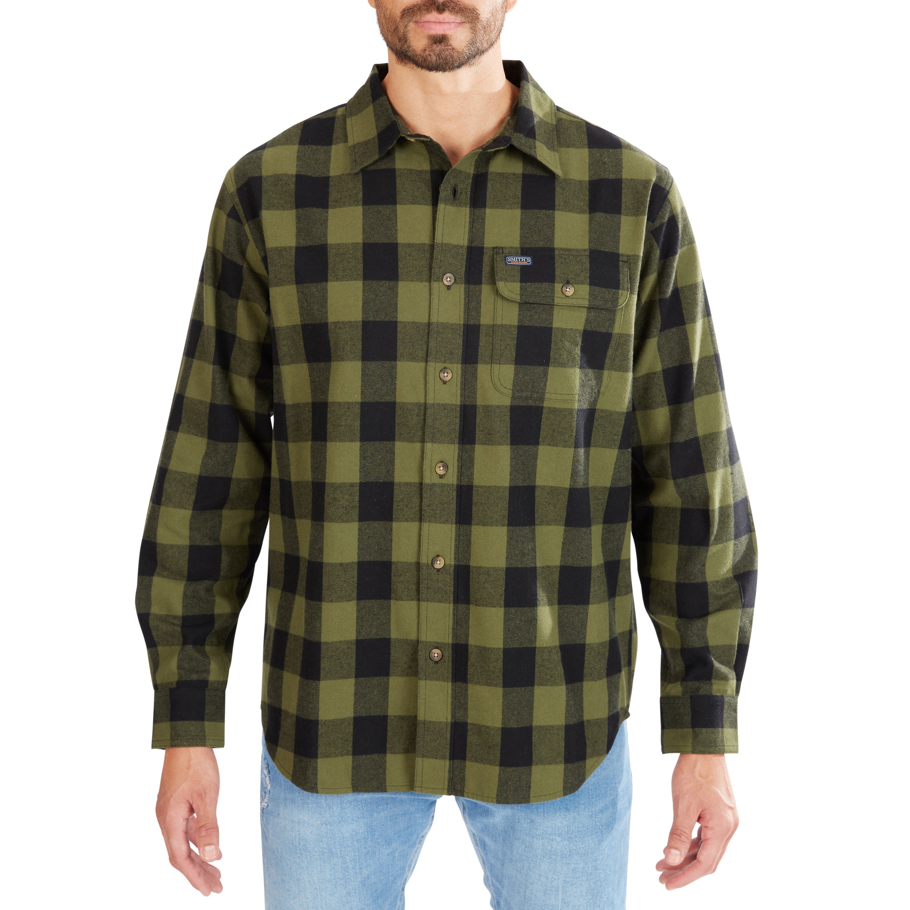  Smith's Workwear Pocket Flannel Button-Up Shirt - Olive/Black-503 - Bonton